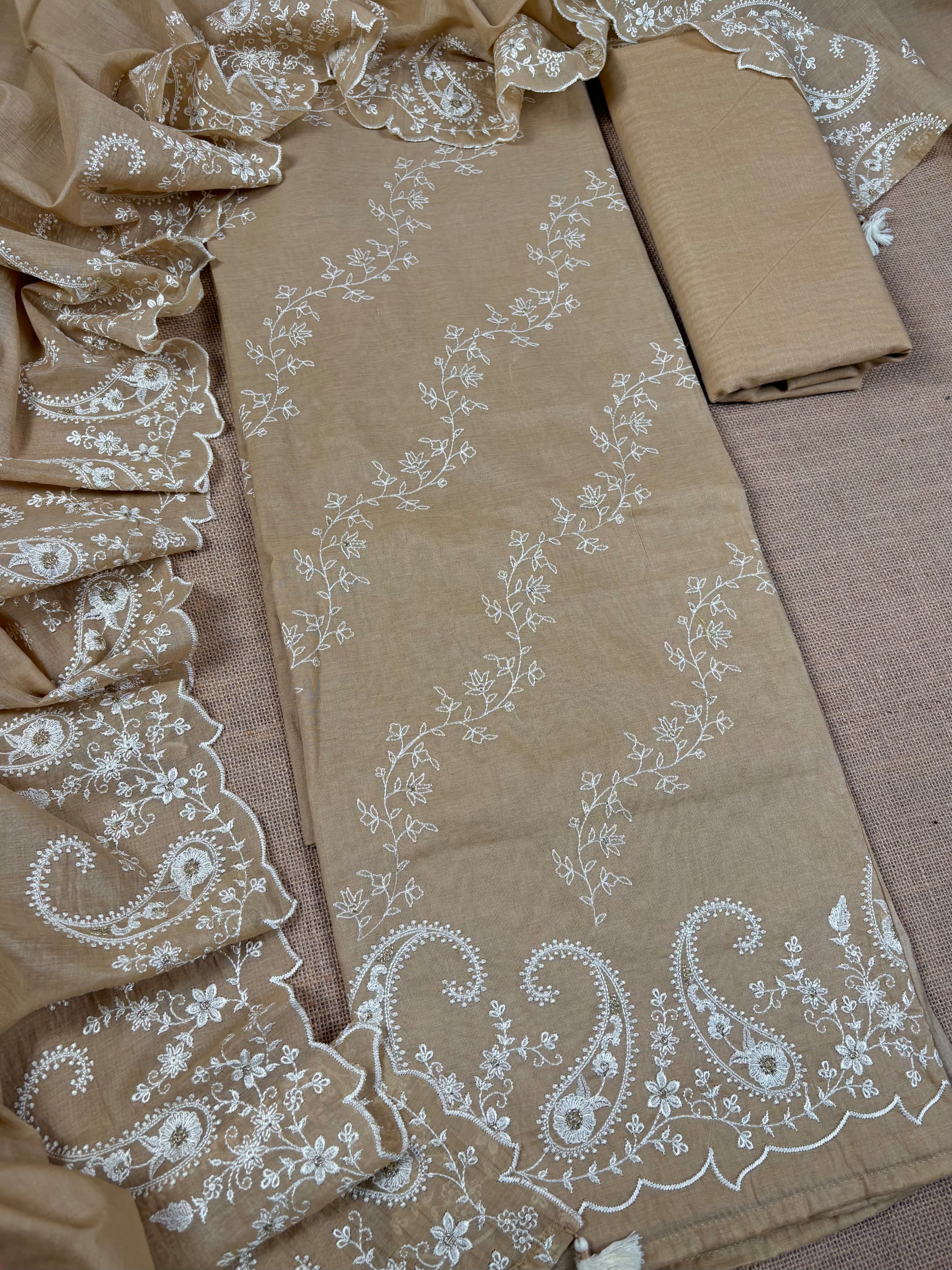 Beige Banarasi Mul-Mul Silk Suit