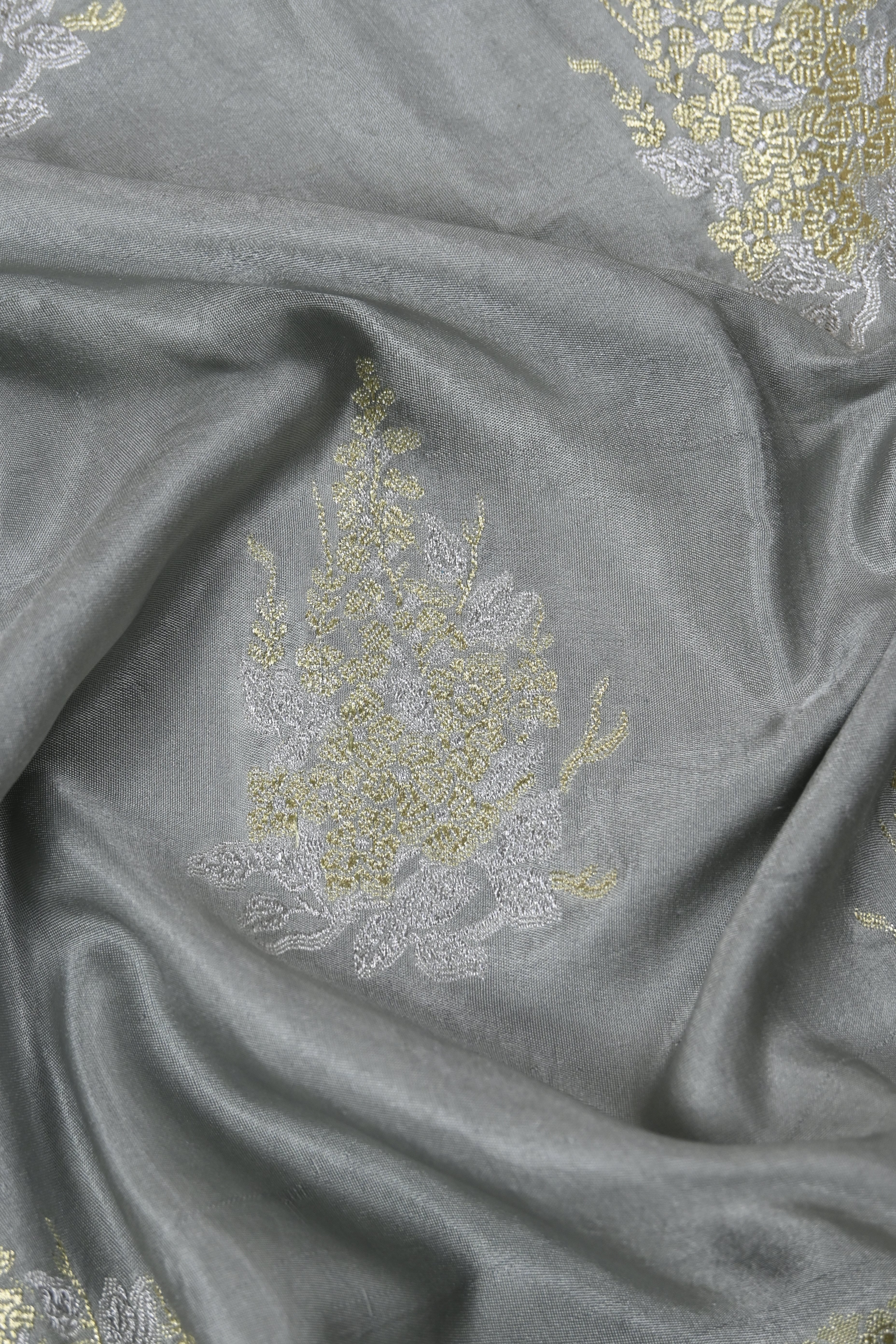 Grey Pure Banarasi Satin Mashru Silk Saree