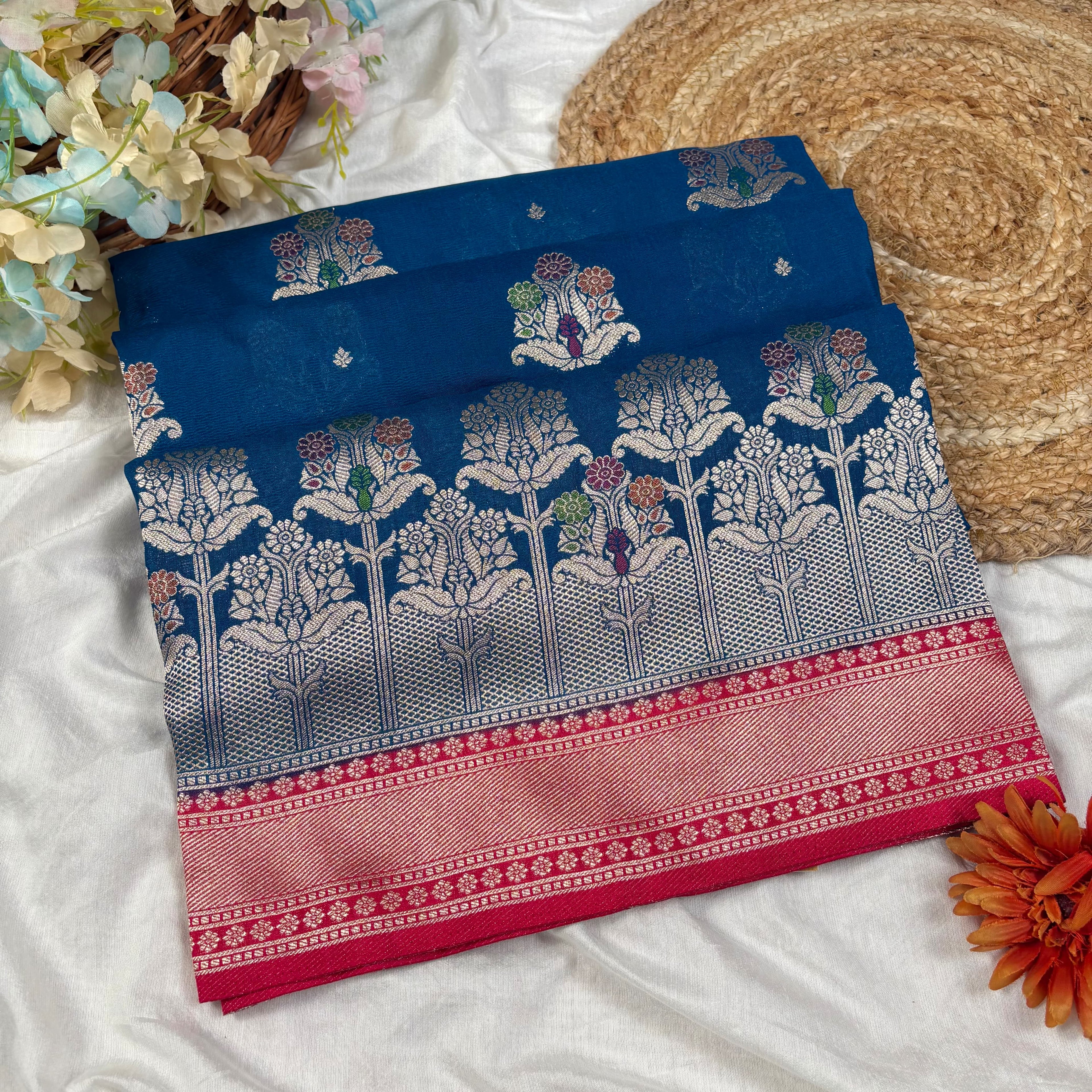 Blue Banarasi Crepe Georgette Silk Saree