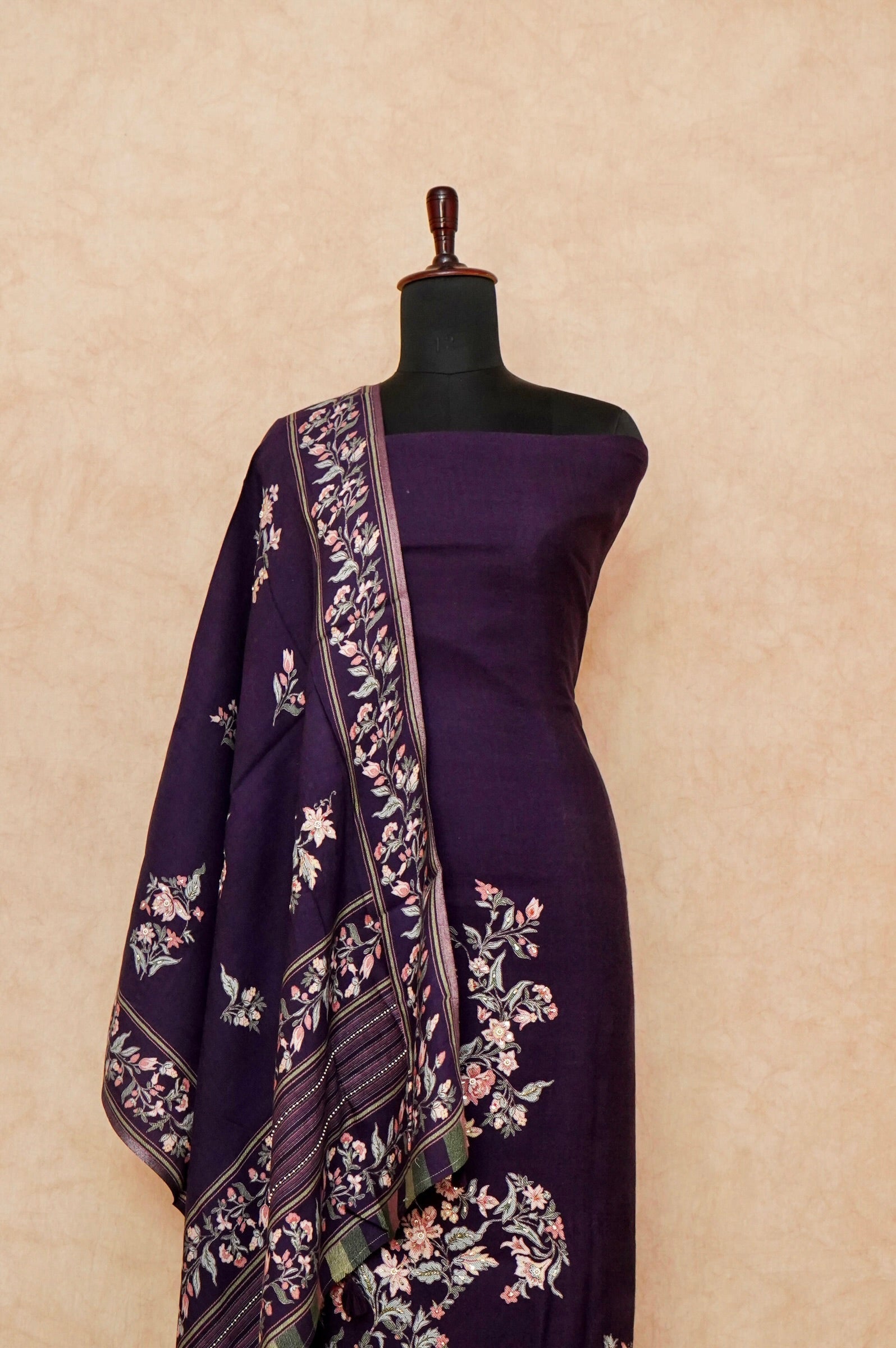 Handwoven Deep Purple Pashmina Silk Suit