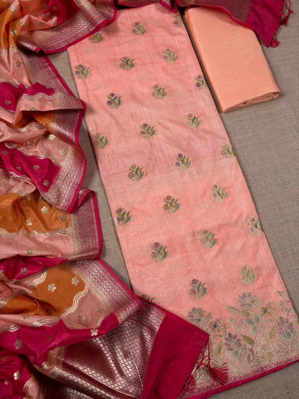 Peach Banarasi Mul-Mul Jamdani Silk Suit
