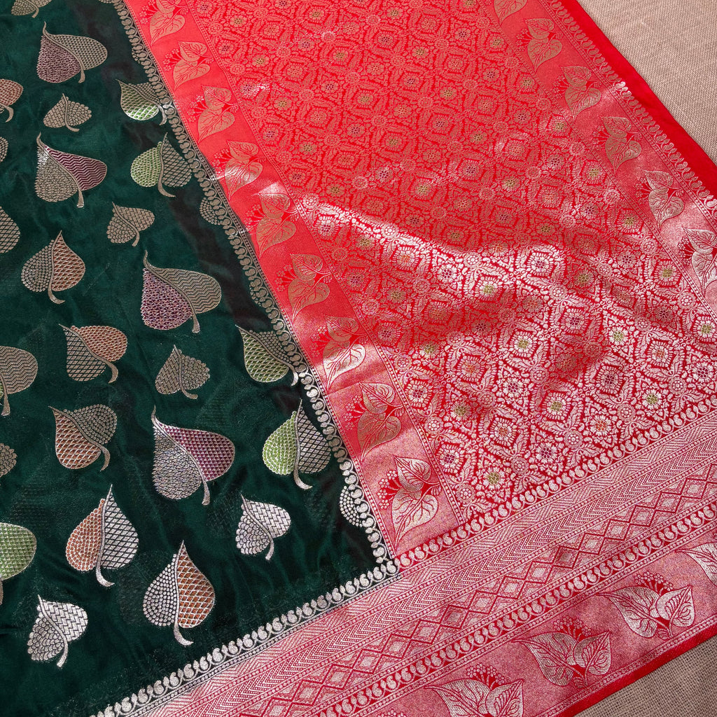 Bottle Green Banarasi Katan Georgette Silk Saree