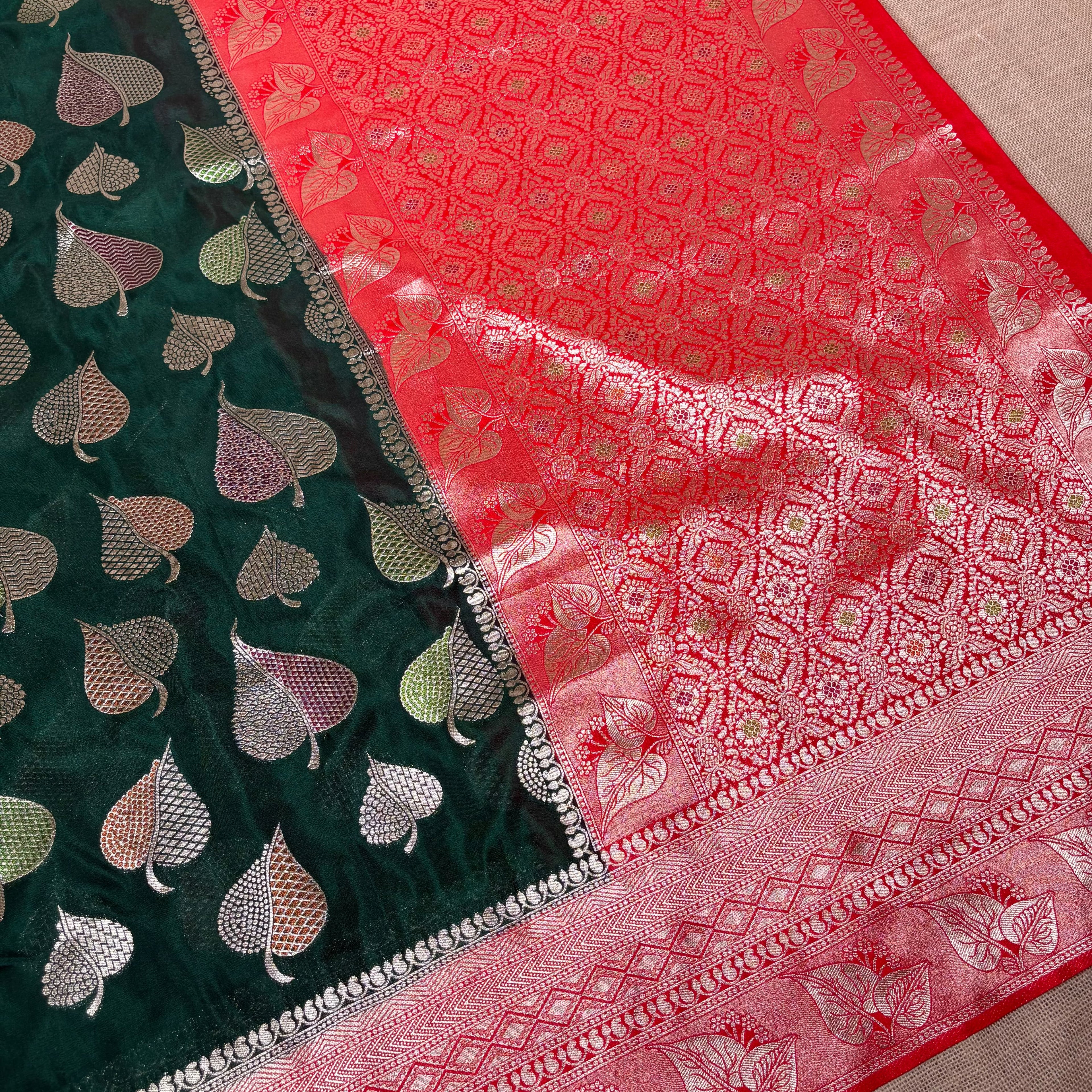 Bottle Green Banarasi Katan Georgette Silk Saree