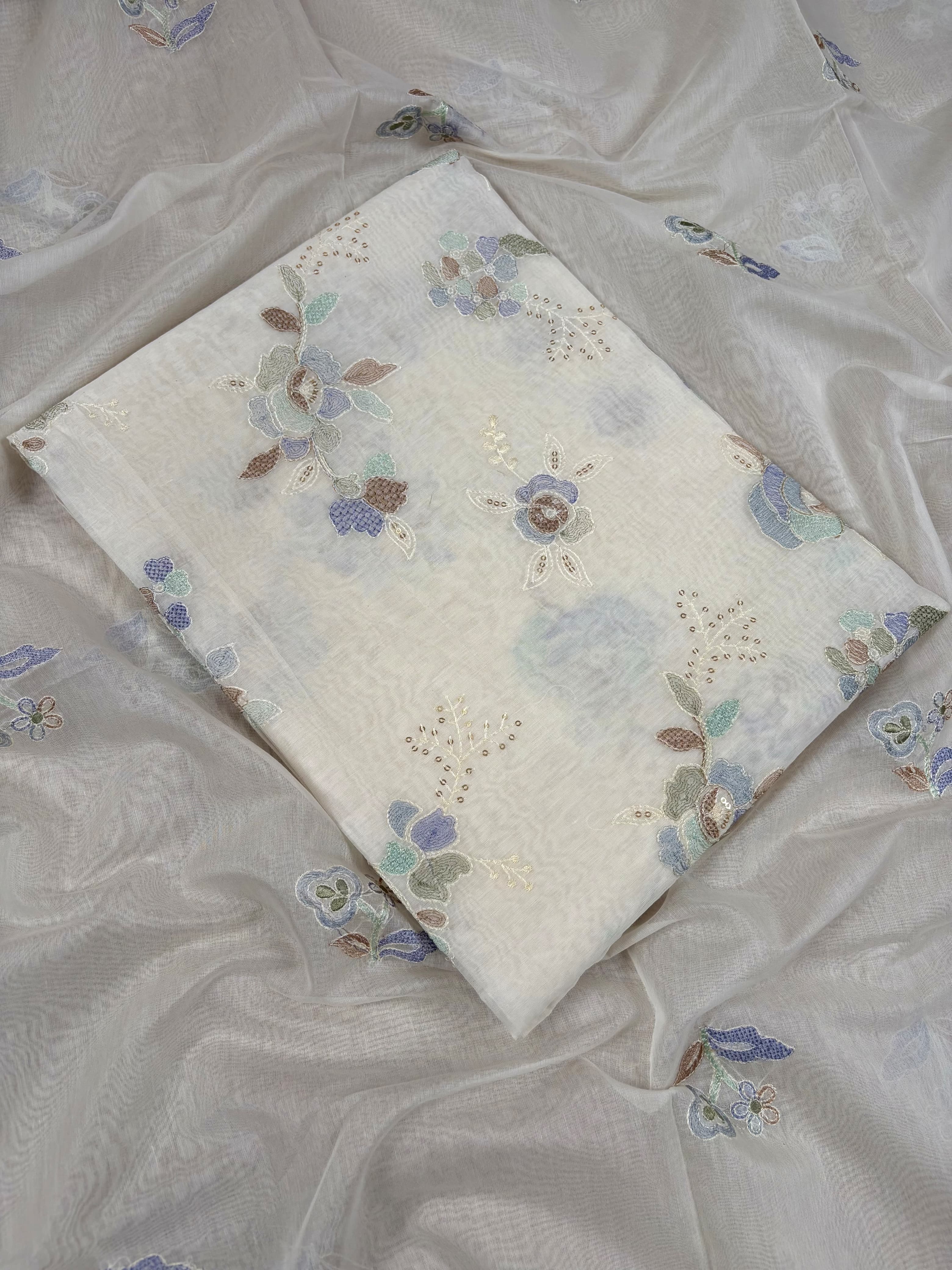 White Banarasi Pure Mul-Mul Silk Suit