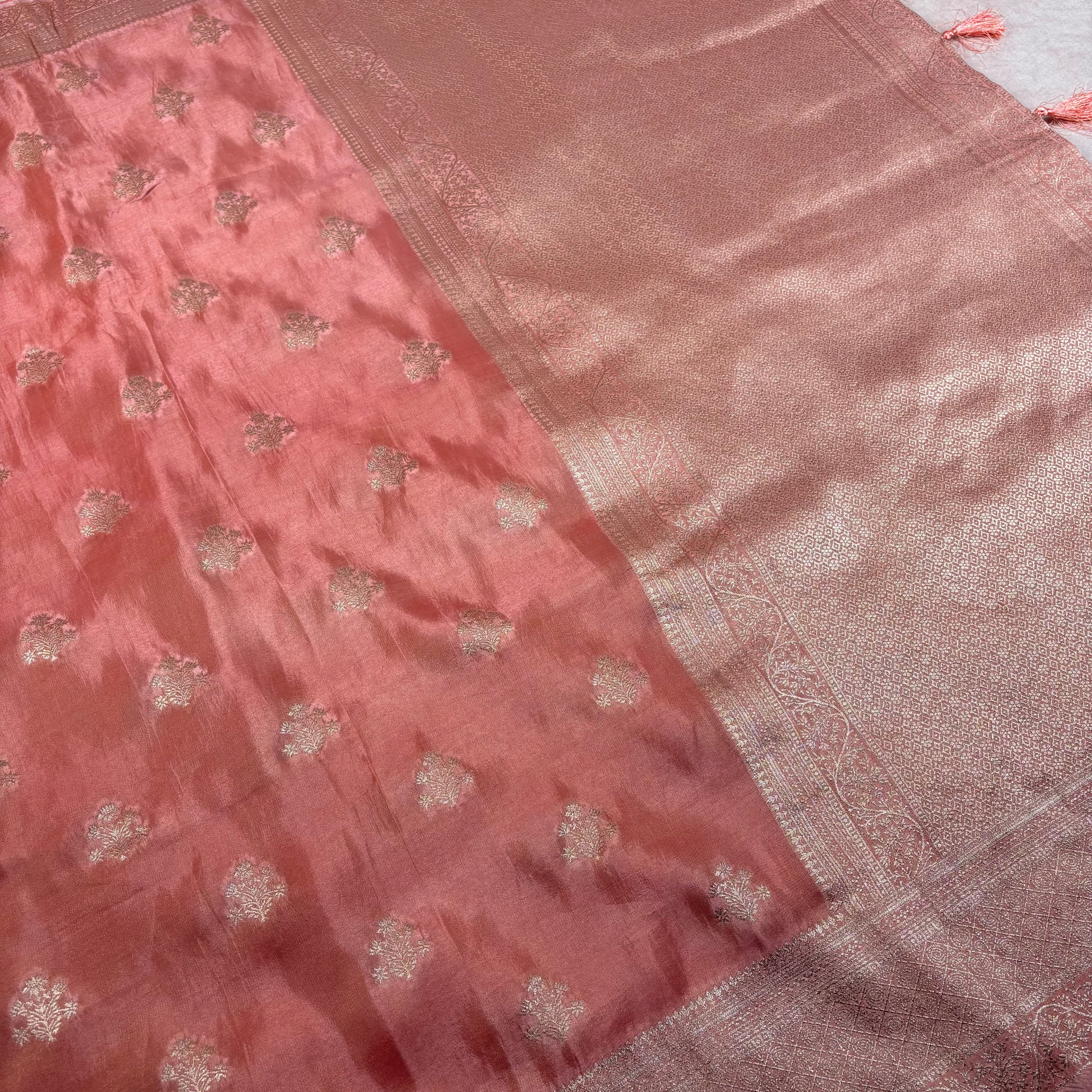 Light Peach Banarasi Katan Tissue Silk Saree