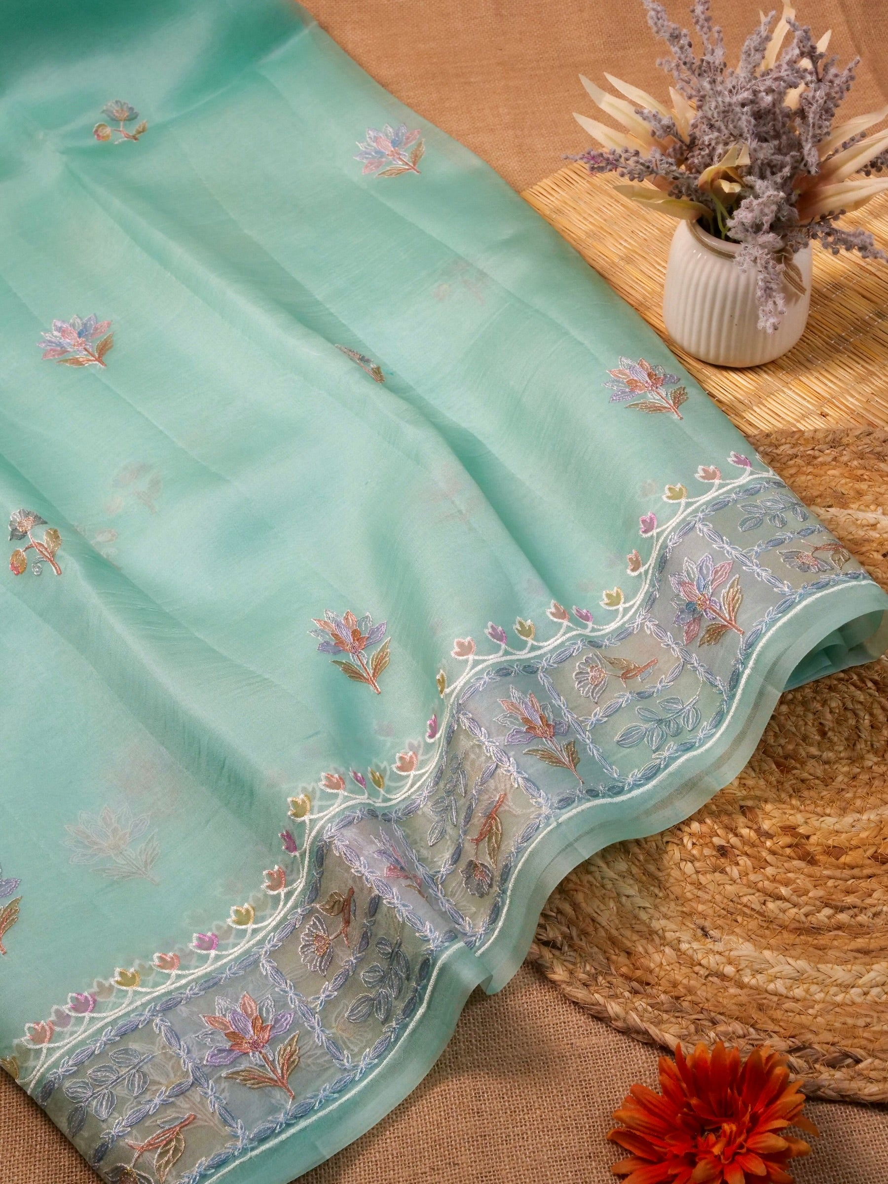 Handwoven Sea Green Banarasi Organza Silk Saree