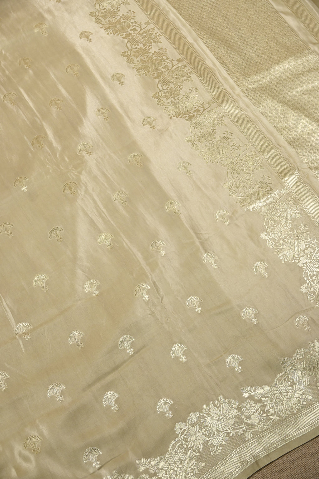 Dusty Beige Pure Banarasi Satin Mashru Silk Saree