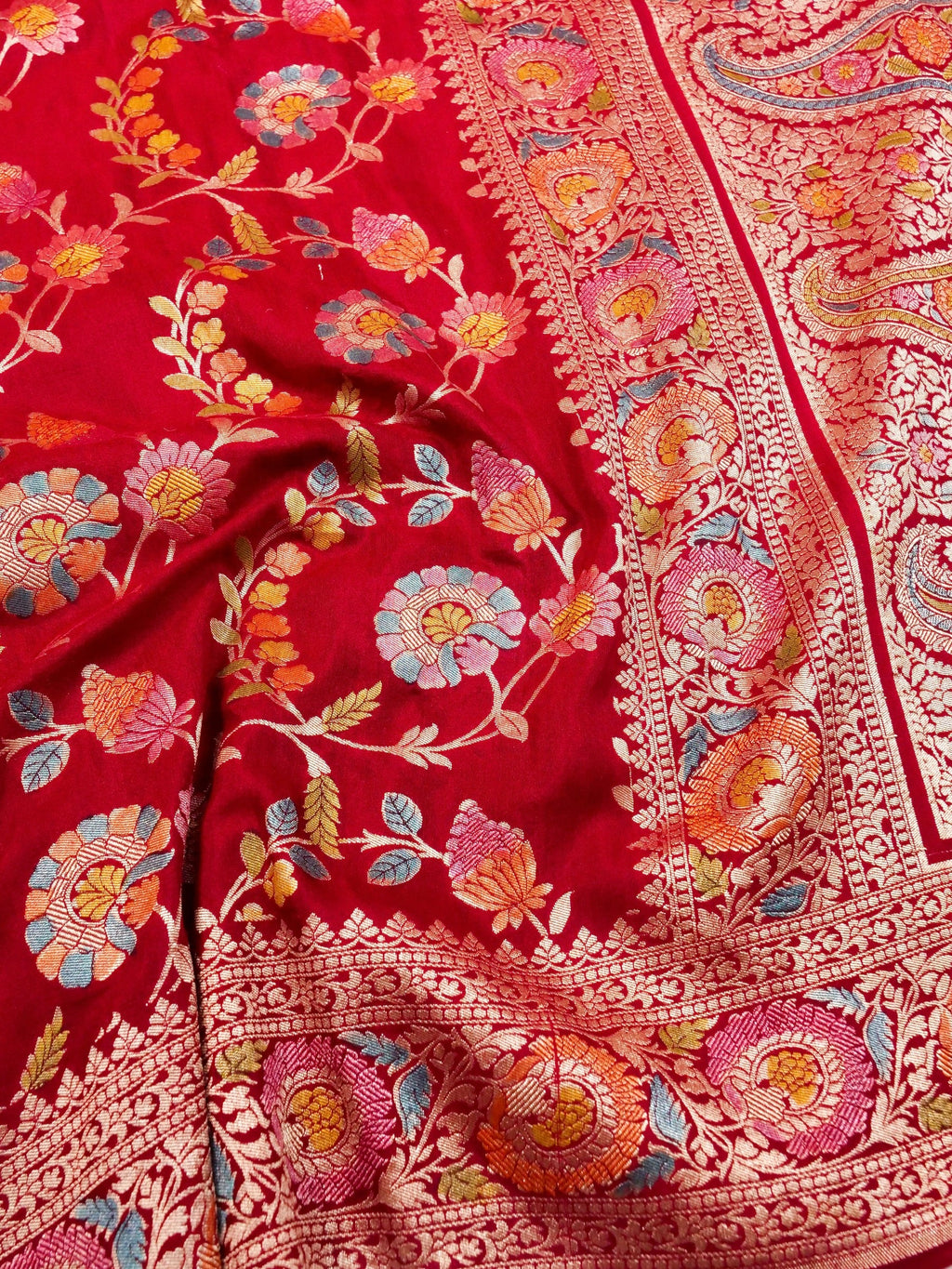 Handwoven Red Blue Banarasi Monga Silk Saree
