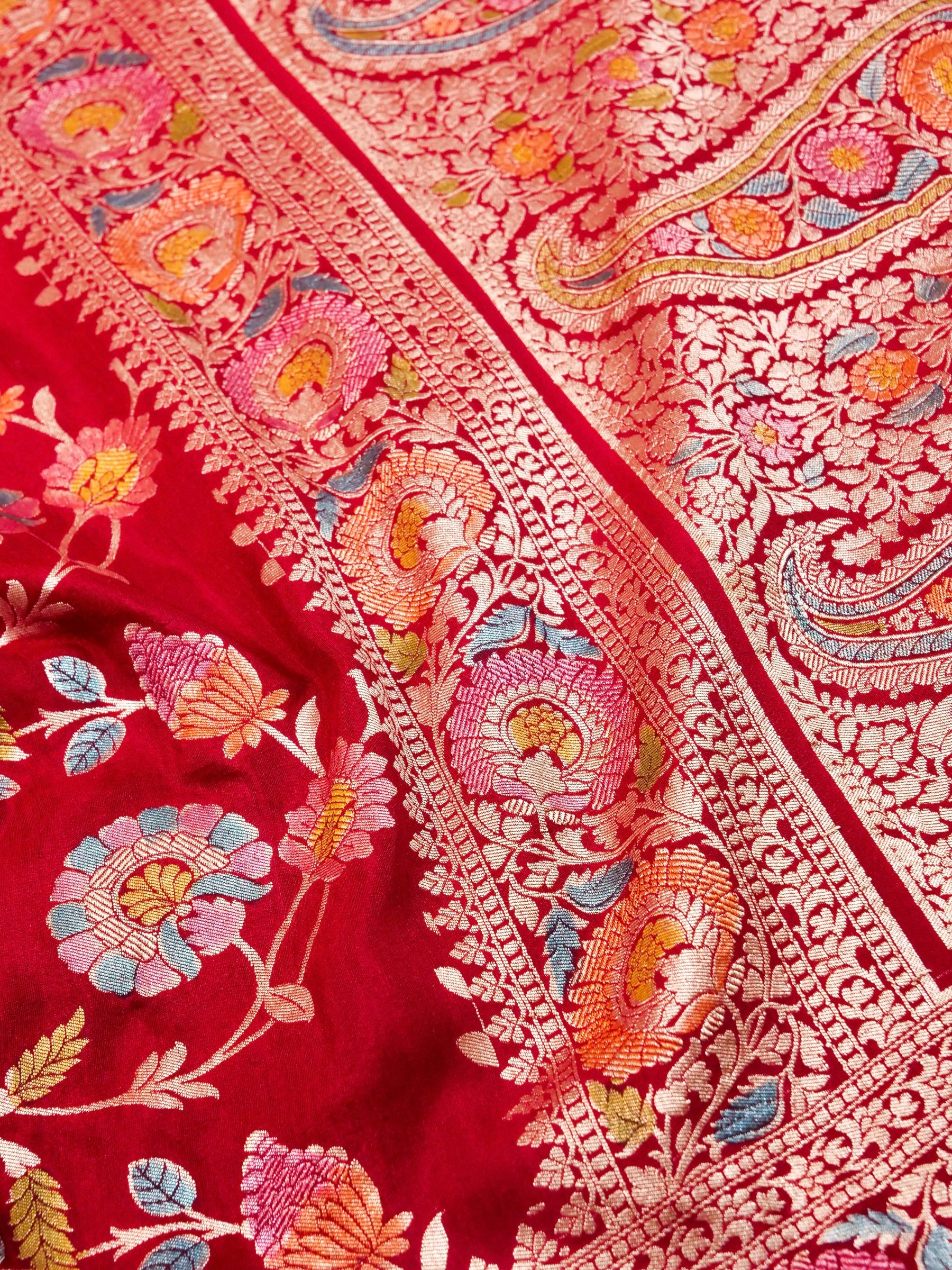Handwoven Red Blue Banarasi Monga Silk Saree