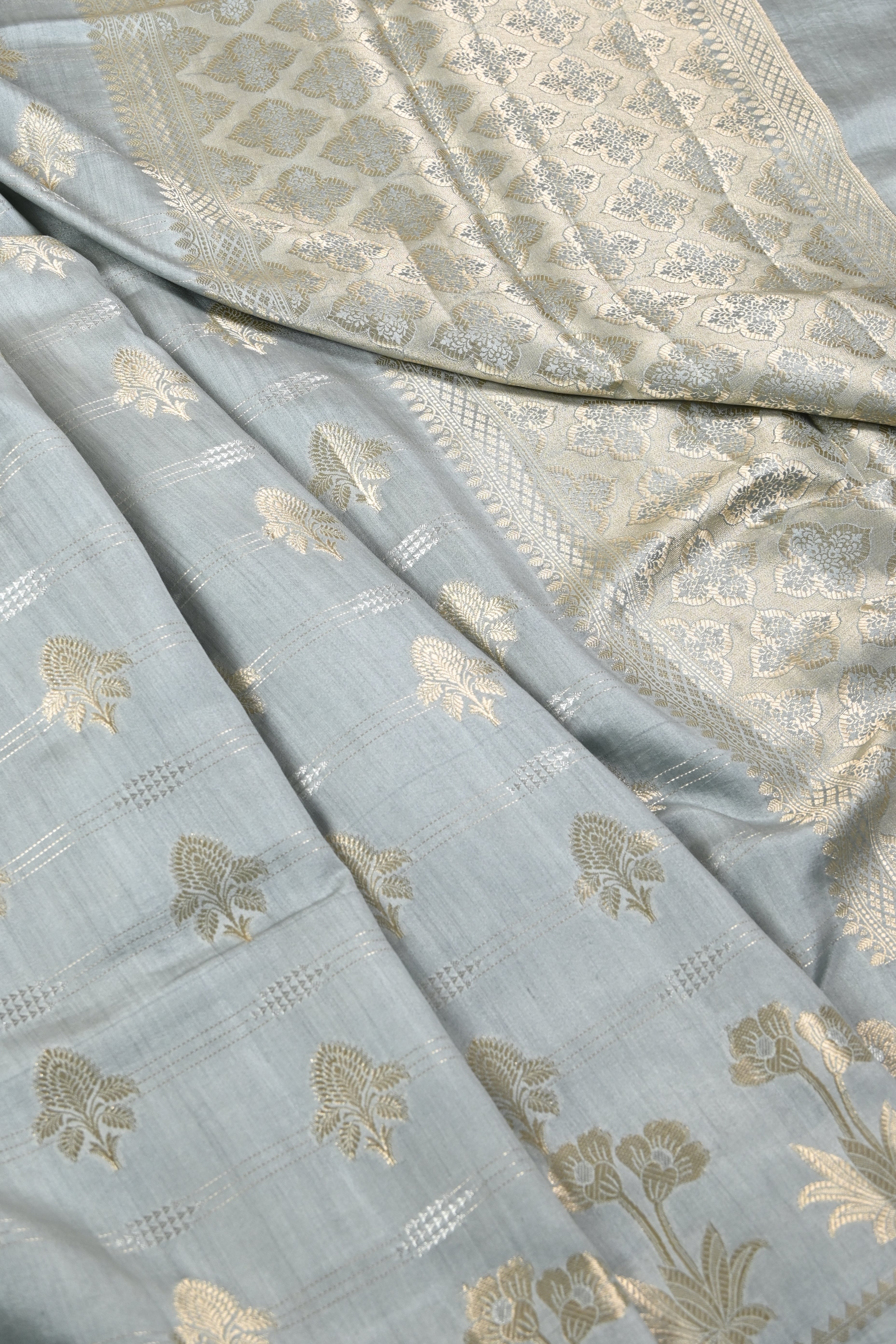 Grey Pure Banarasi Moonga Silk Saree