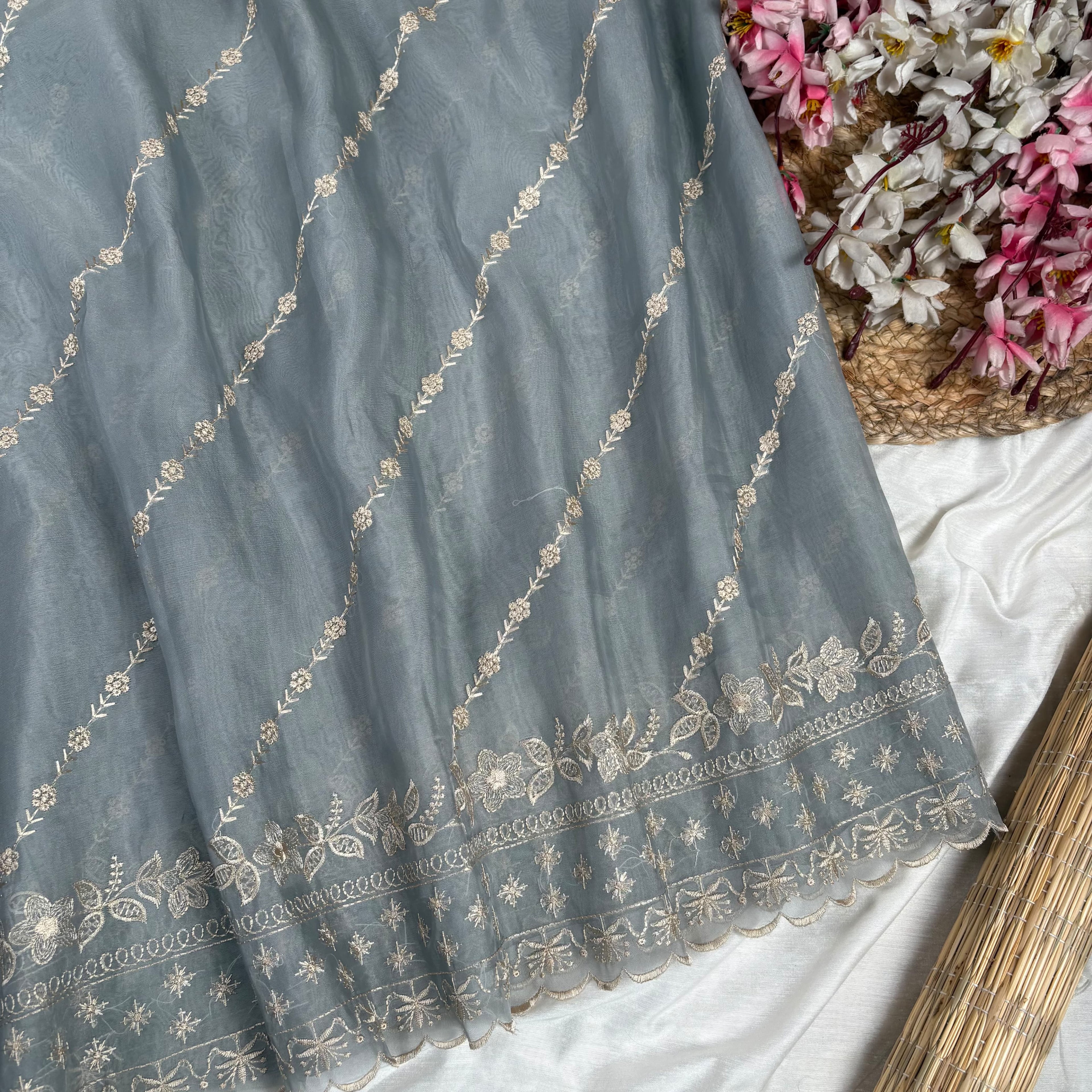 Grey Banarasi Softy Organza Silk Saree