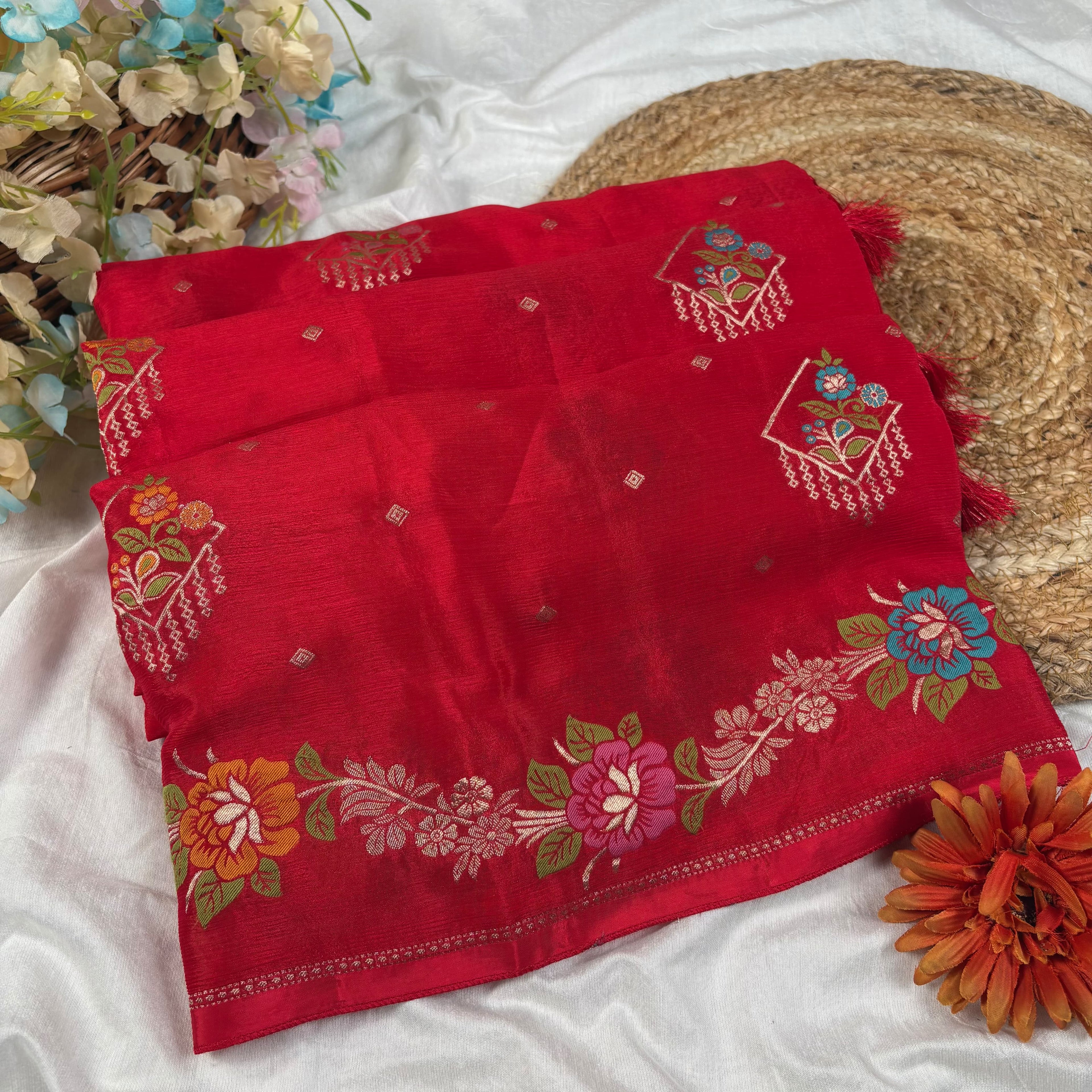 Rose Red Banarasi Chinon Georgette Saree