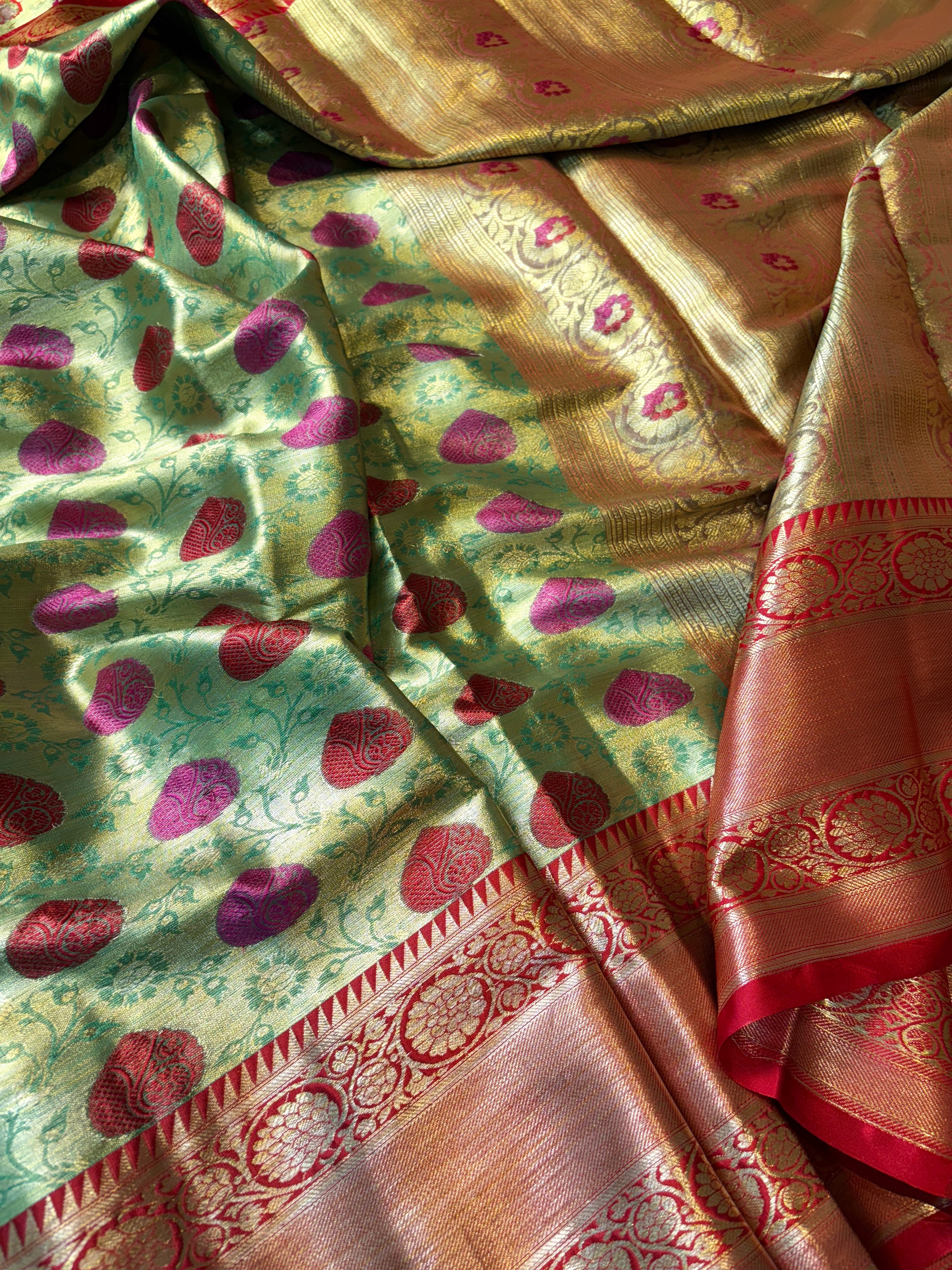 Green Banarasi Katan Tissue Meena Silk Saree