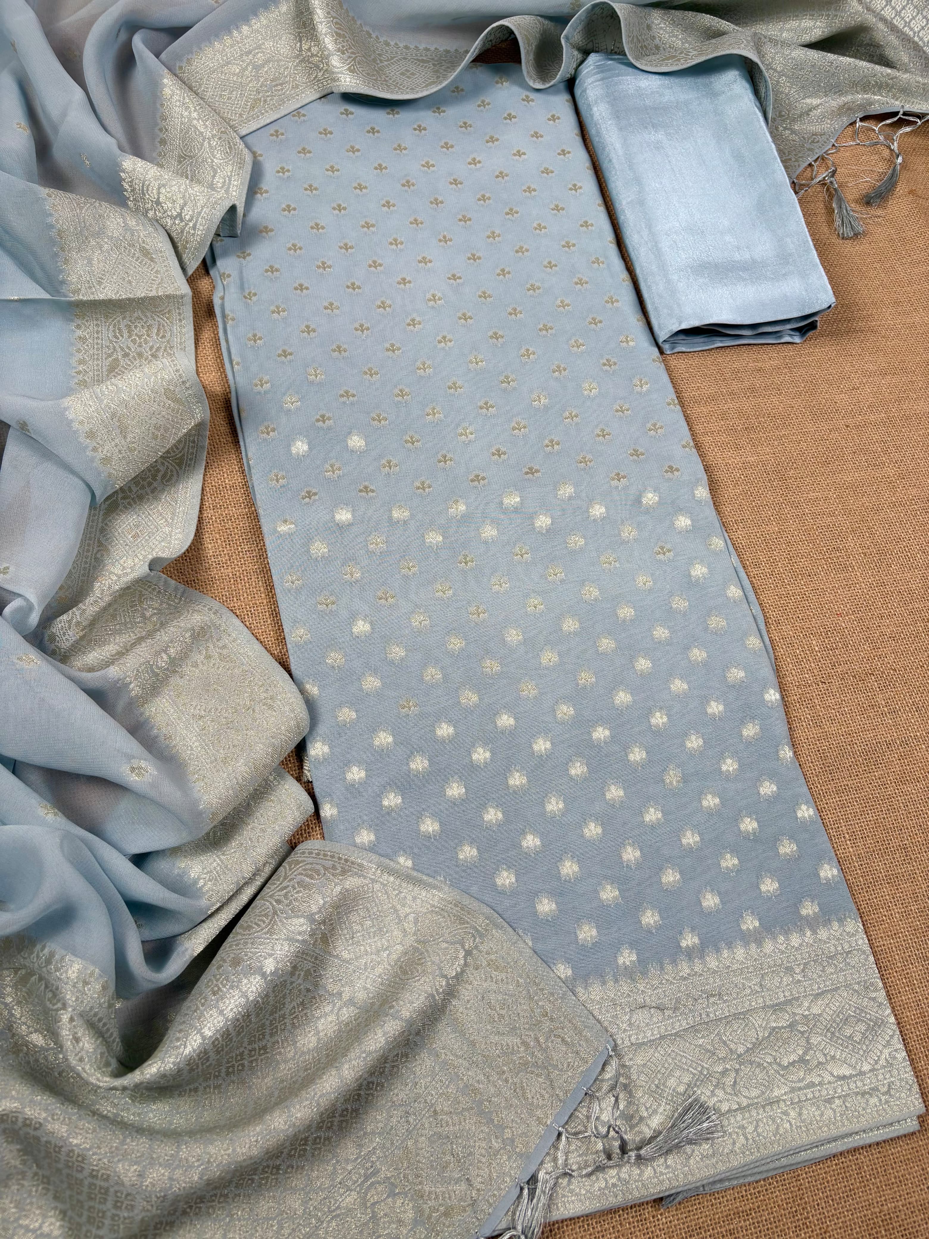 Greyish Blue Banarasi Khaddi Georgette Suit