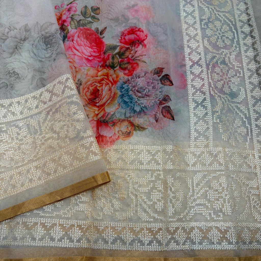 Cream Banarasi Organza Silk Saree