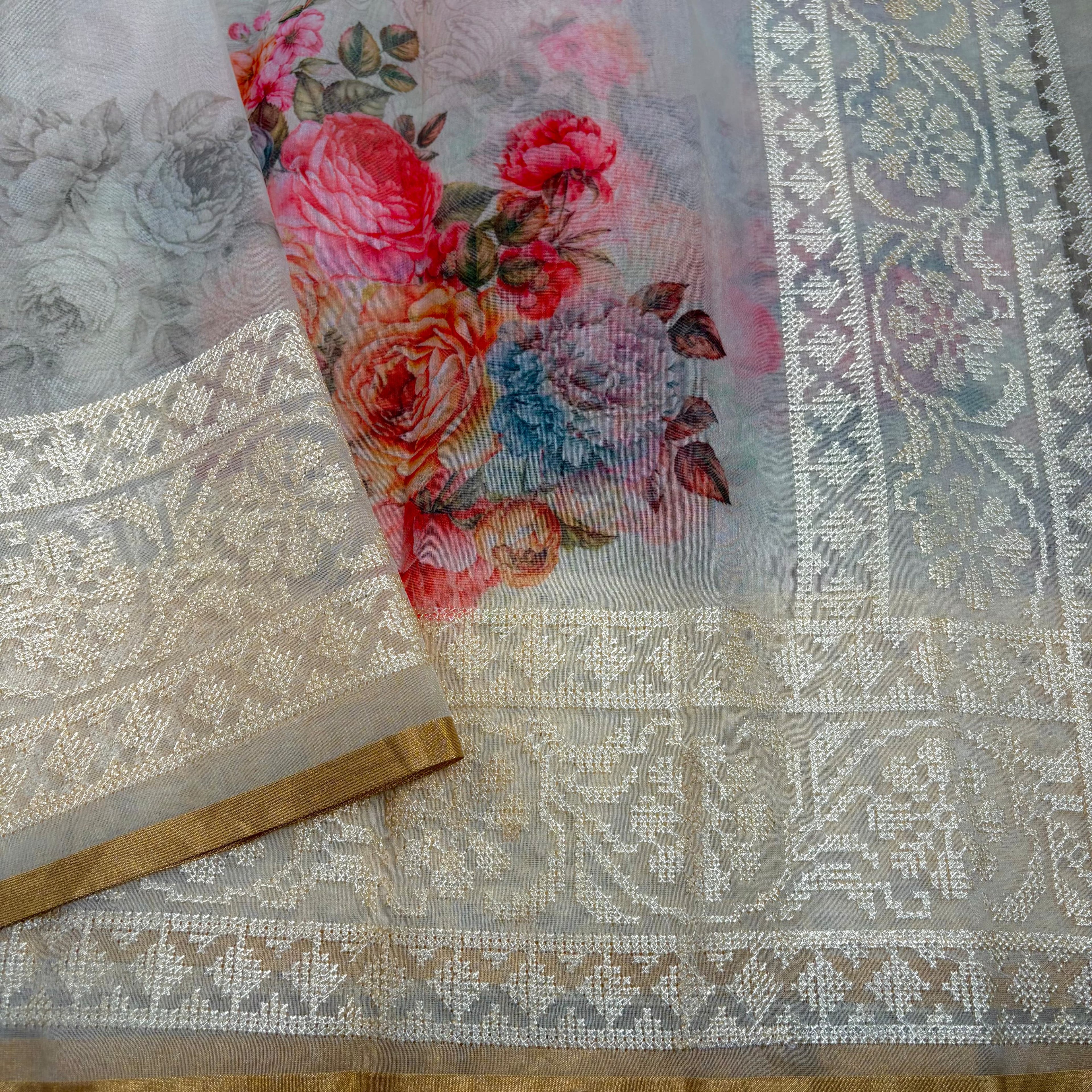 Cream Banarasi Organza Silk Saree