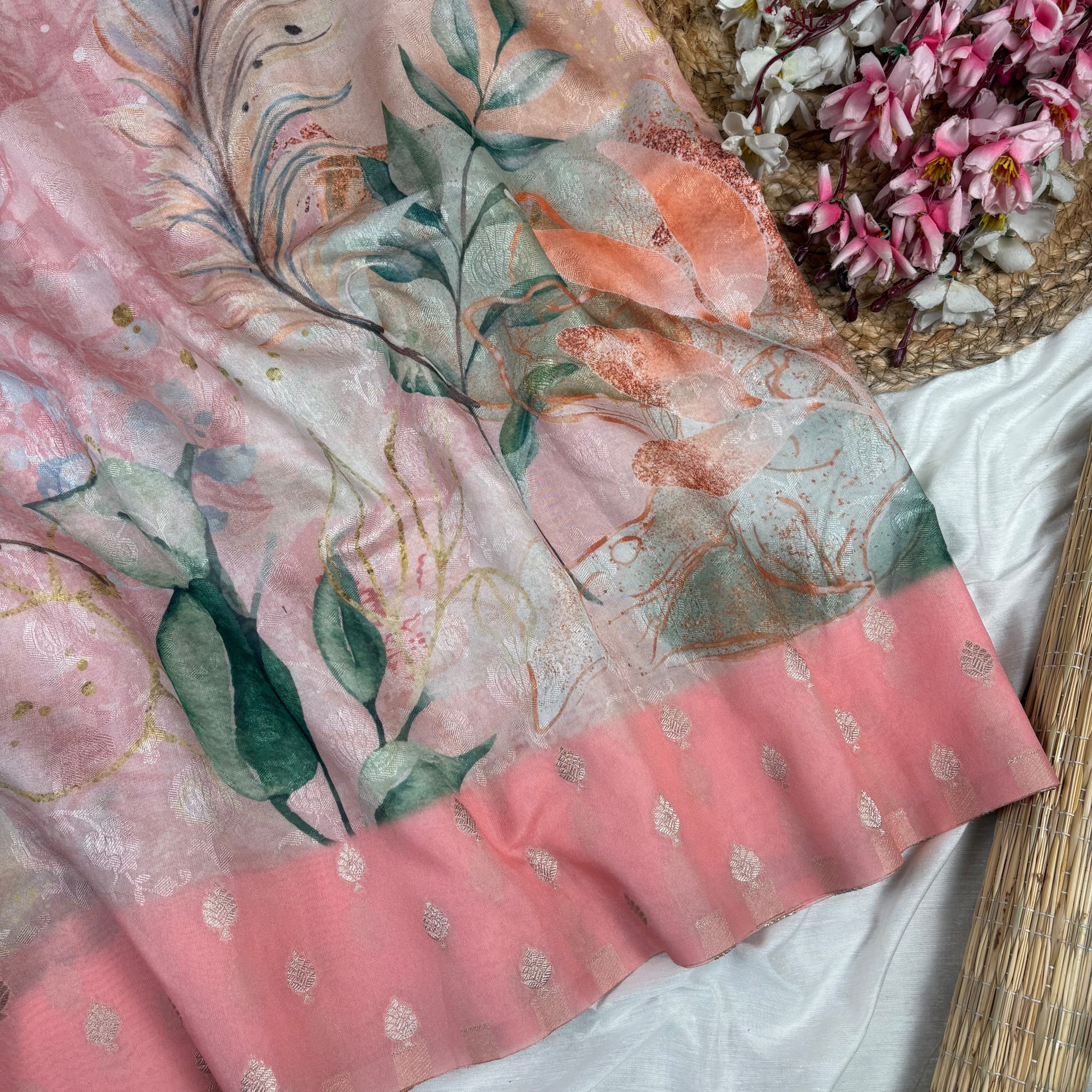 Light Peach Banarasi Tissue Tanchui Saree