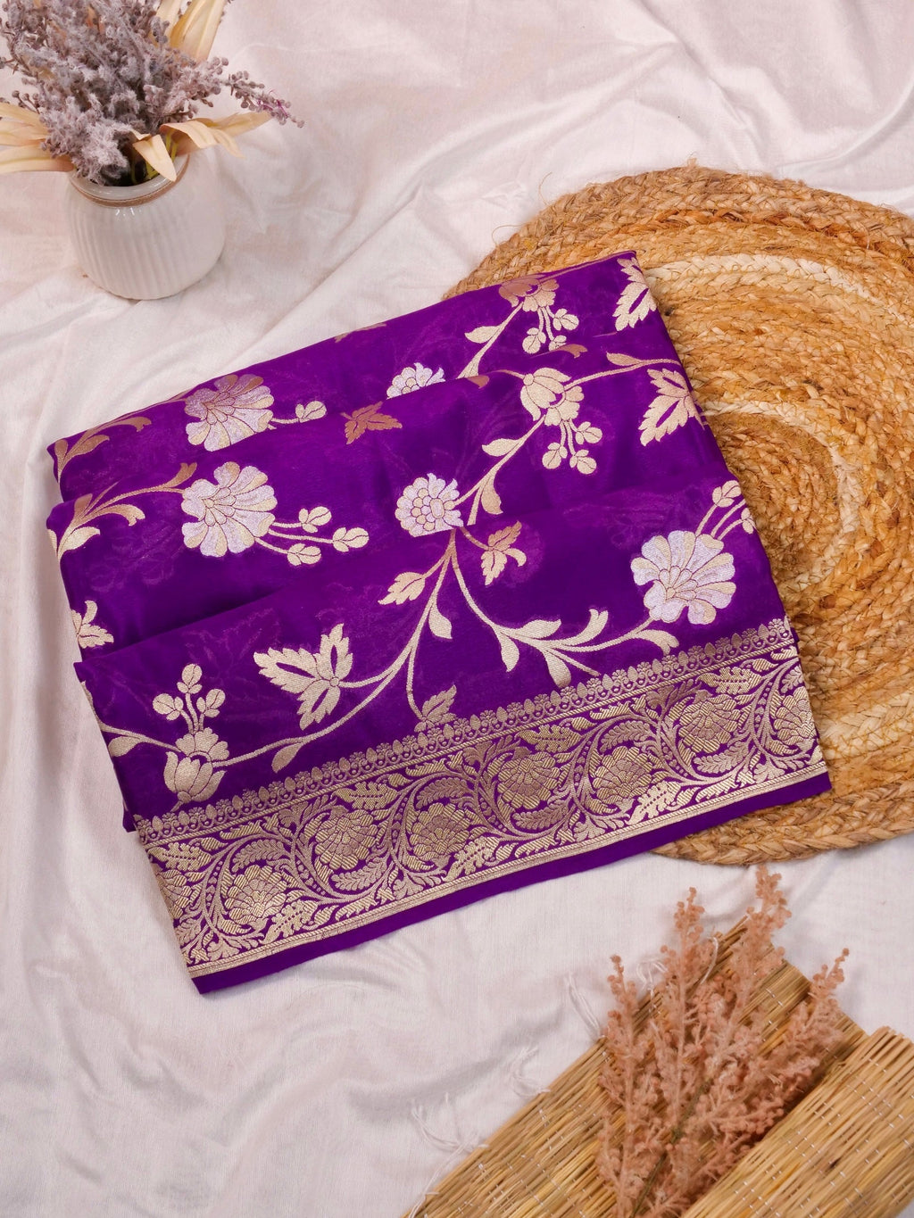 Handwoven Purple Banarasi Khaddi Silk Saree