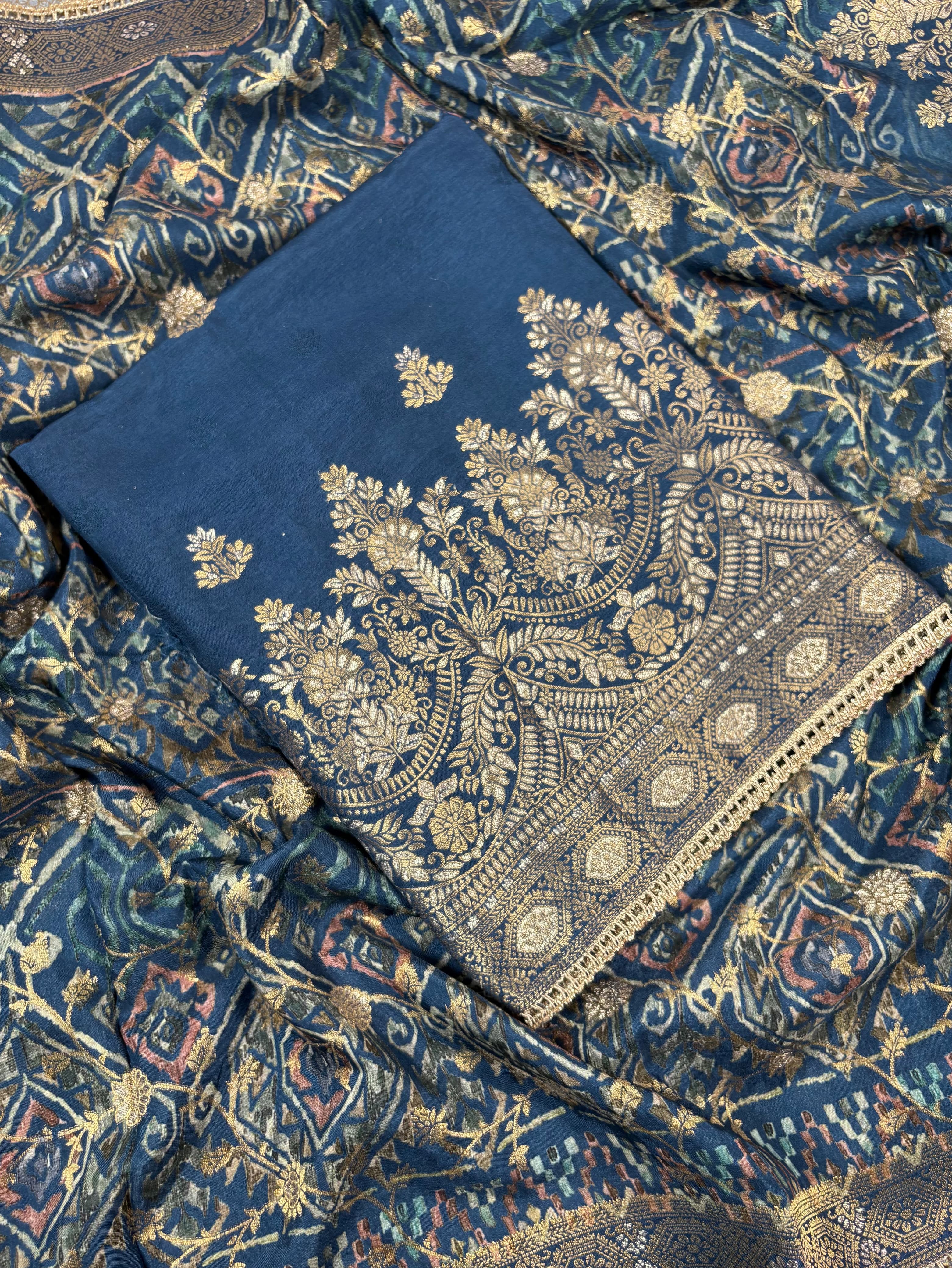 Navy Blue Banarasi Kora Tissue Suit