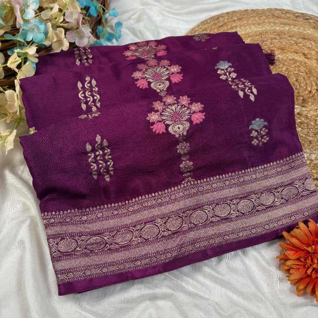Wine Banarasi Chinon Georgette Silk Saree