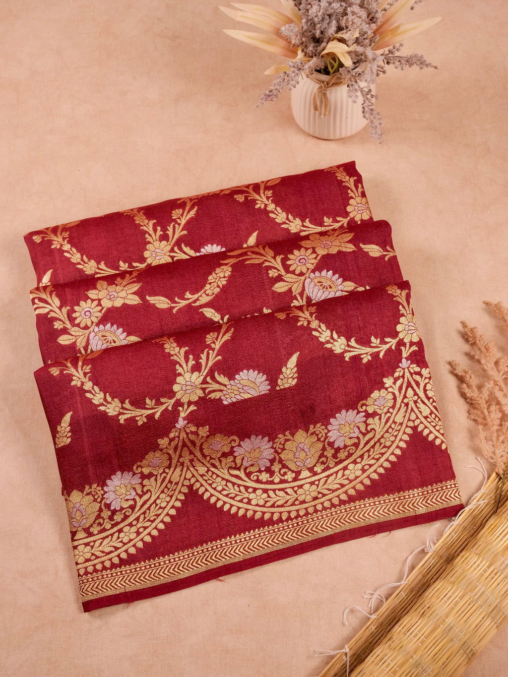 Handwoven red Banarasi Desi Tusser Silk Saree