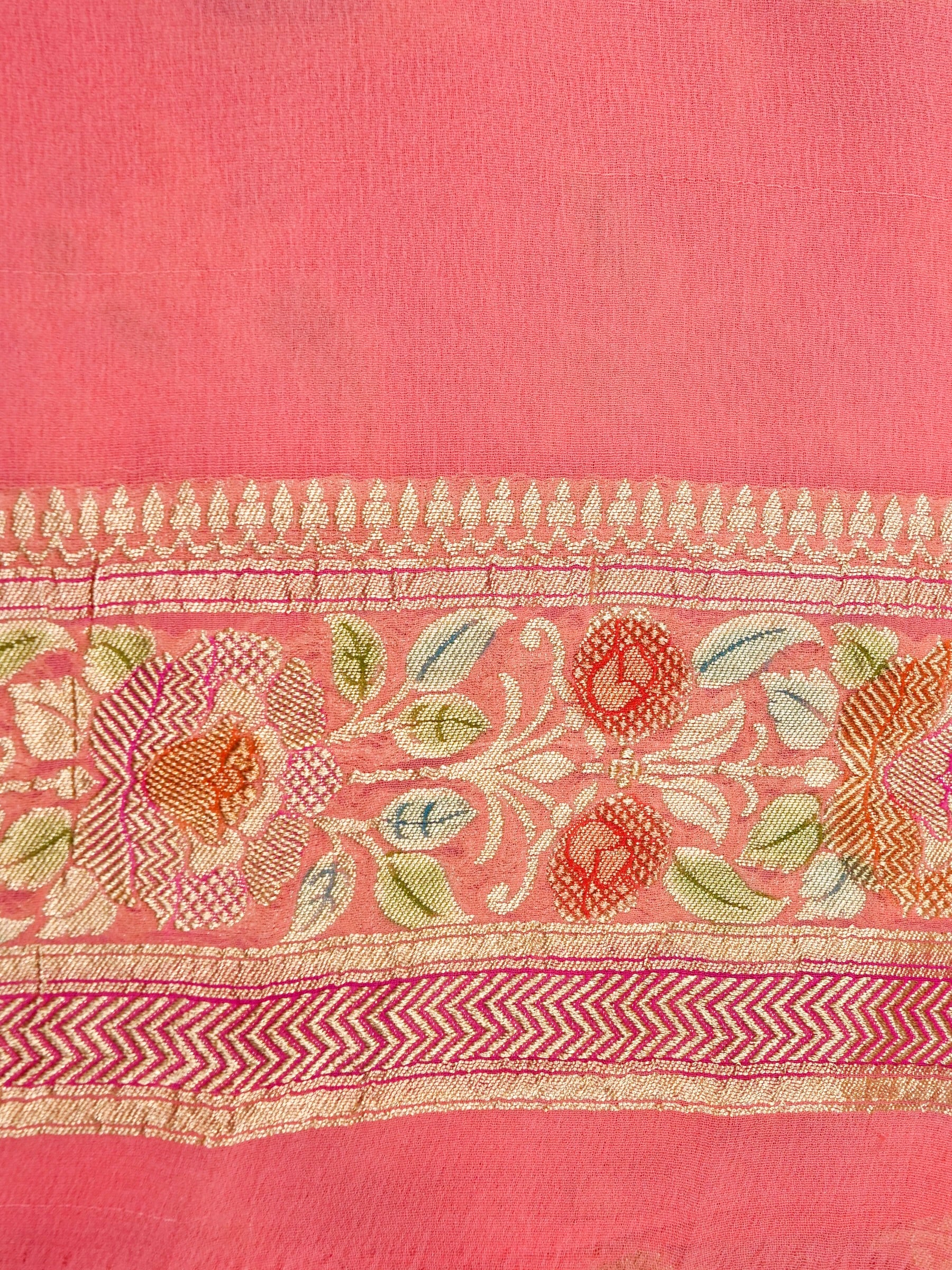 Handwoven Carrot Pink Banarasi Khaddi Silk Saree