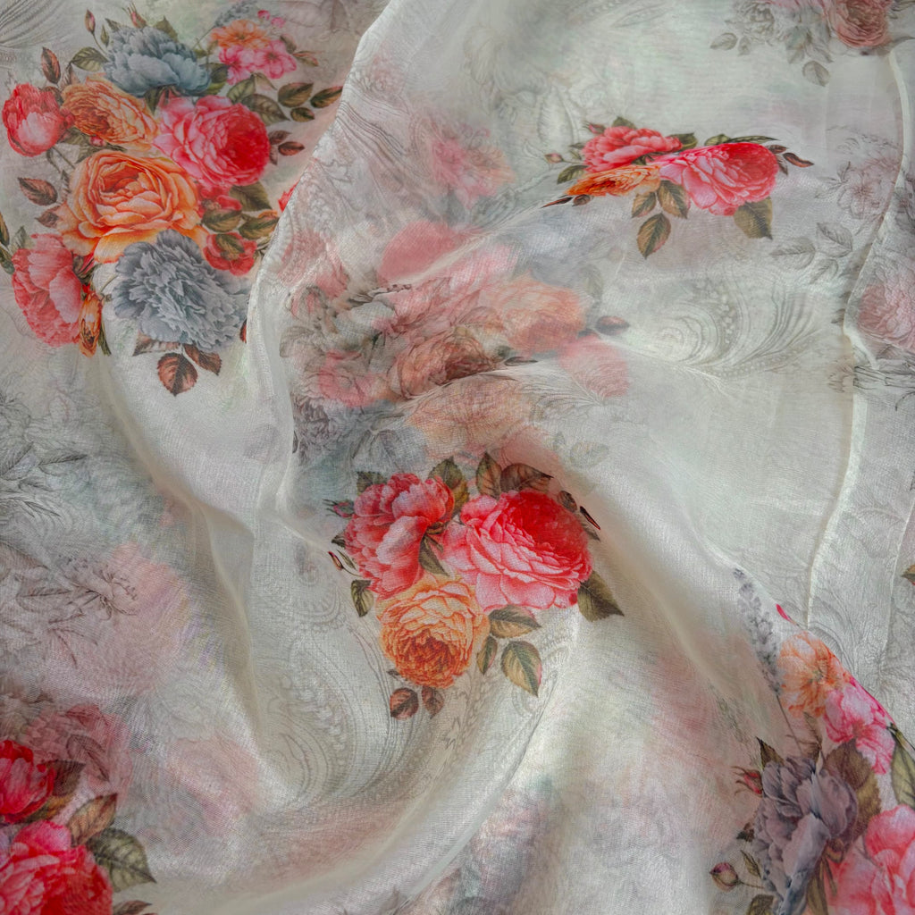 Cream Banarasi Organza Silk Saree