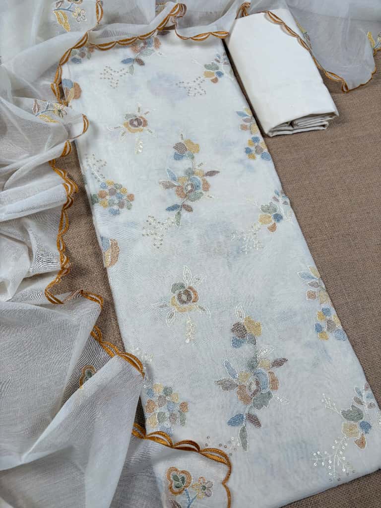 White Banarasi Pure Mul-Mul Silk Suit