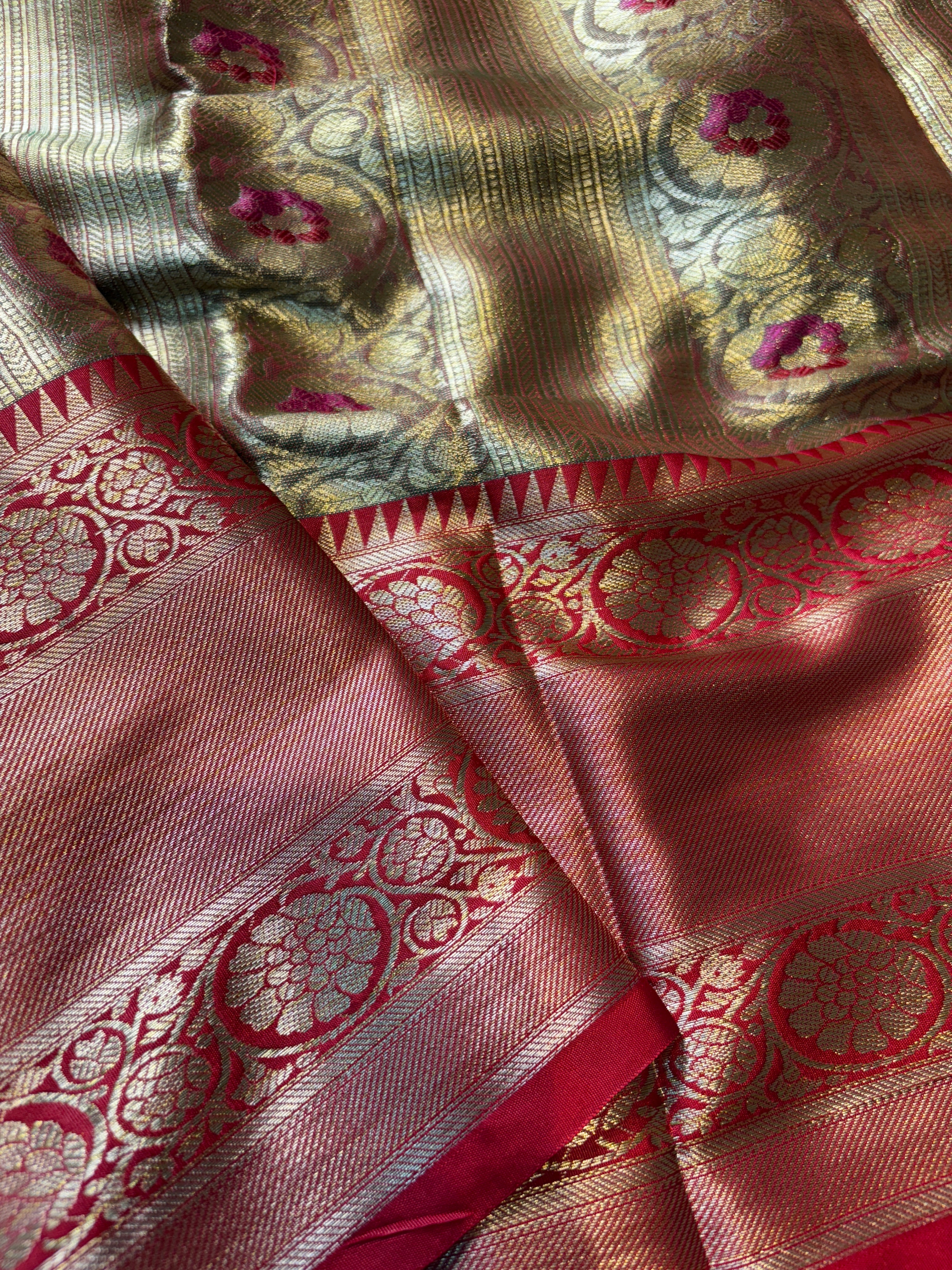 Green Banarasi Katan Tissue Meena Silk Saree