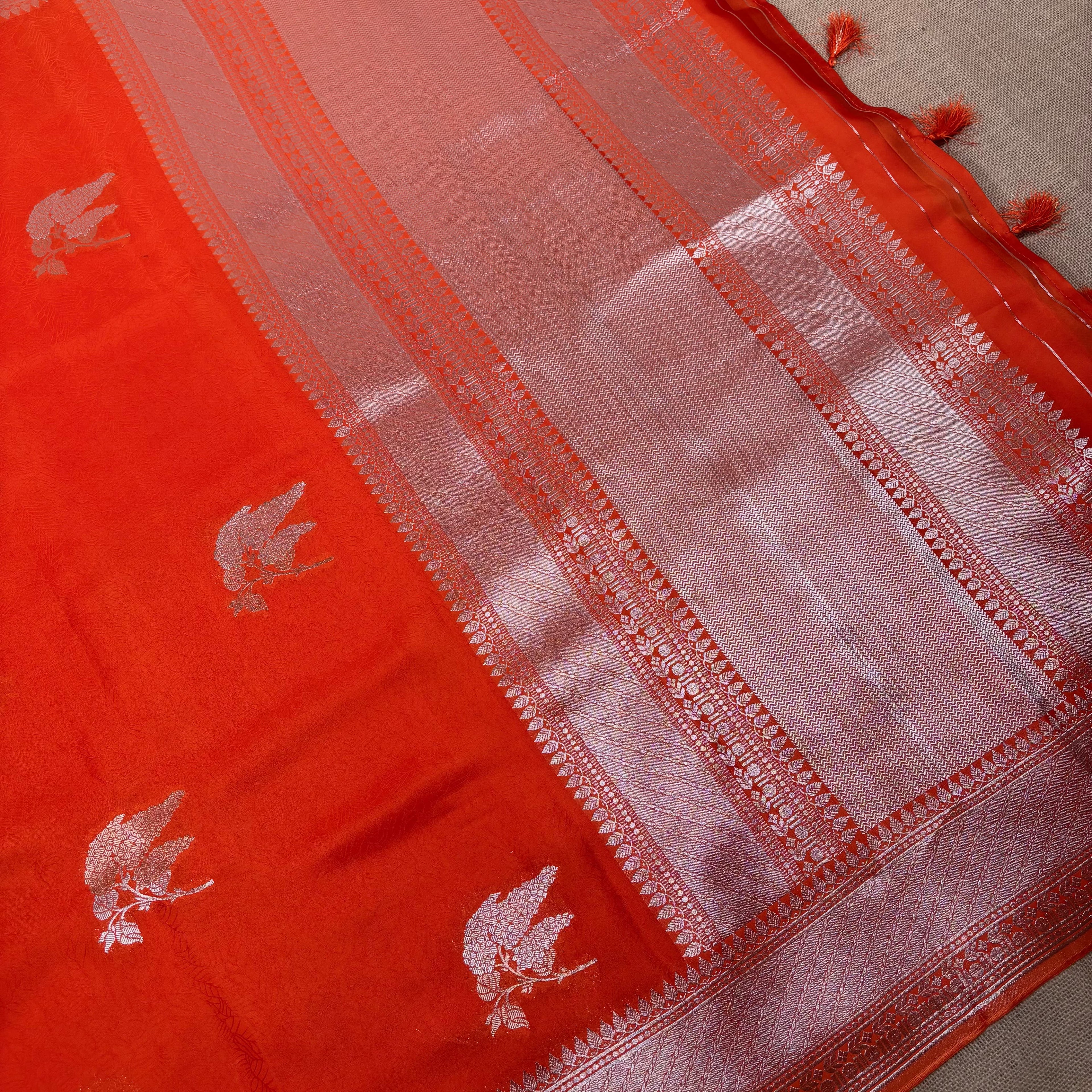 Orange Banarasi Mashru Tanchui Silk Saree