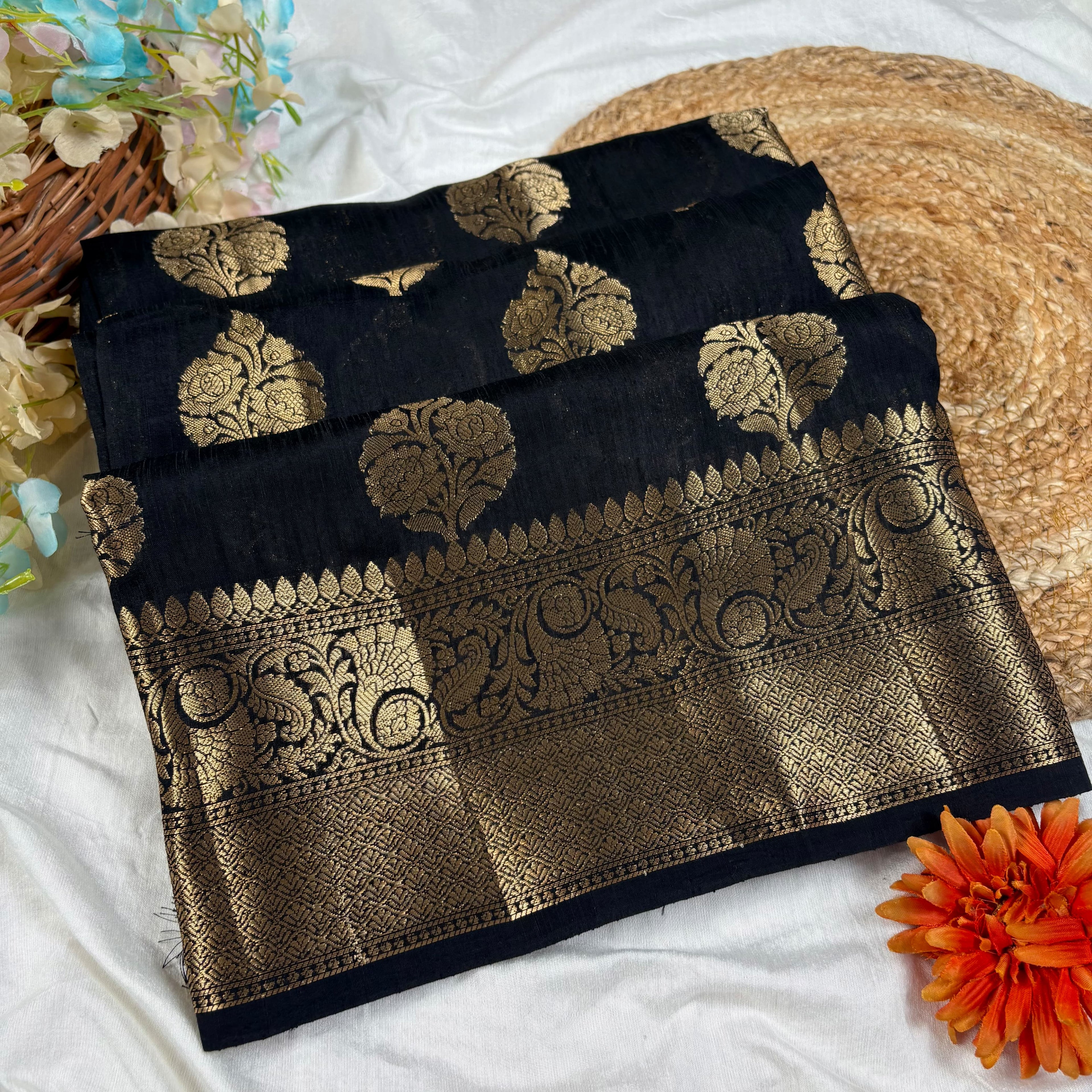 Black Banarasi Katan Chanderi Silk Saree