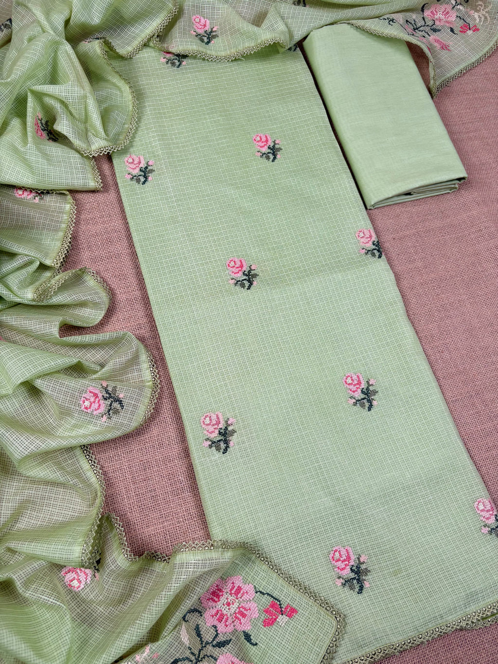 Pastel Green Banarasi Cotton Kora Silk Suit