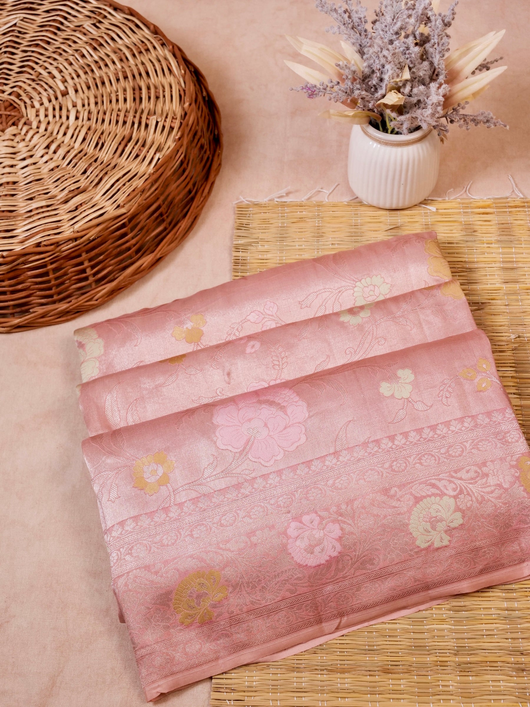 Handwoven Blush Pink Banarasi Katan Soft Tissue Silk Saree