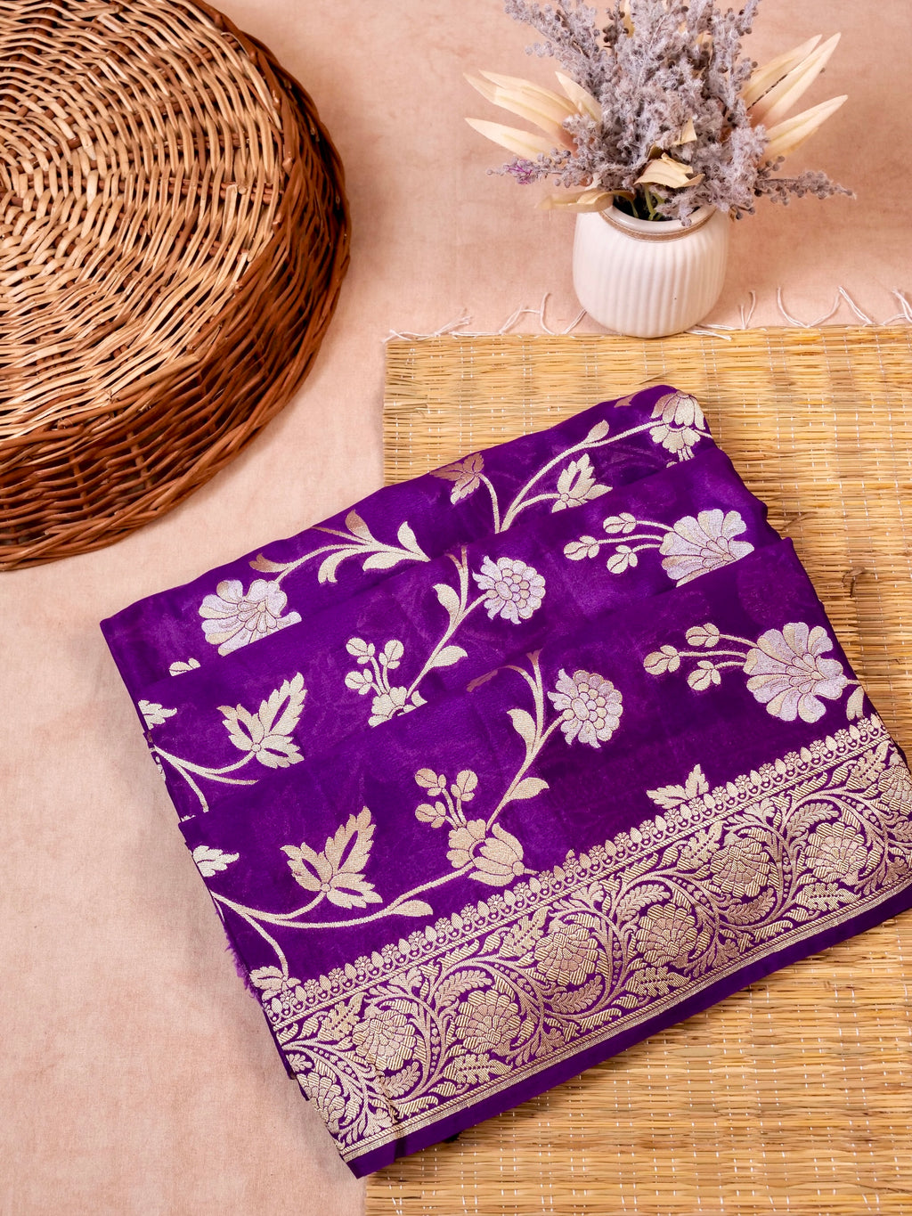 Handwoven Purple Banarasi Khaddi Silk Saree