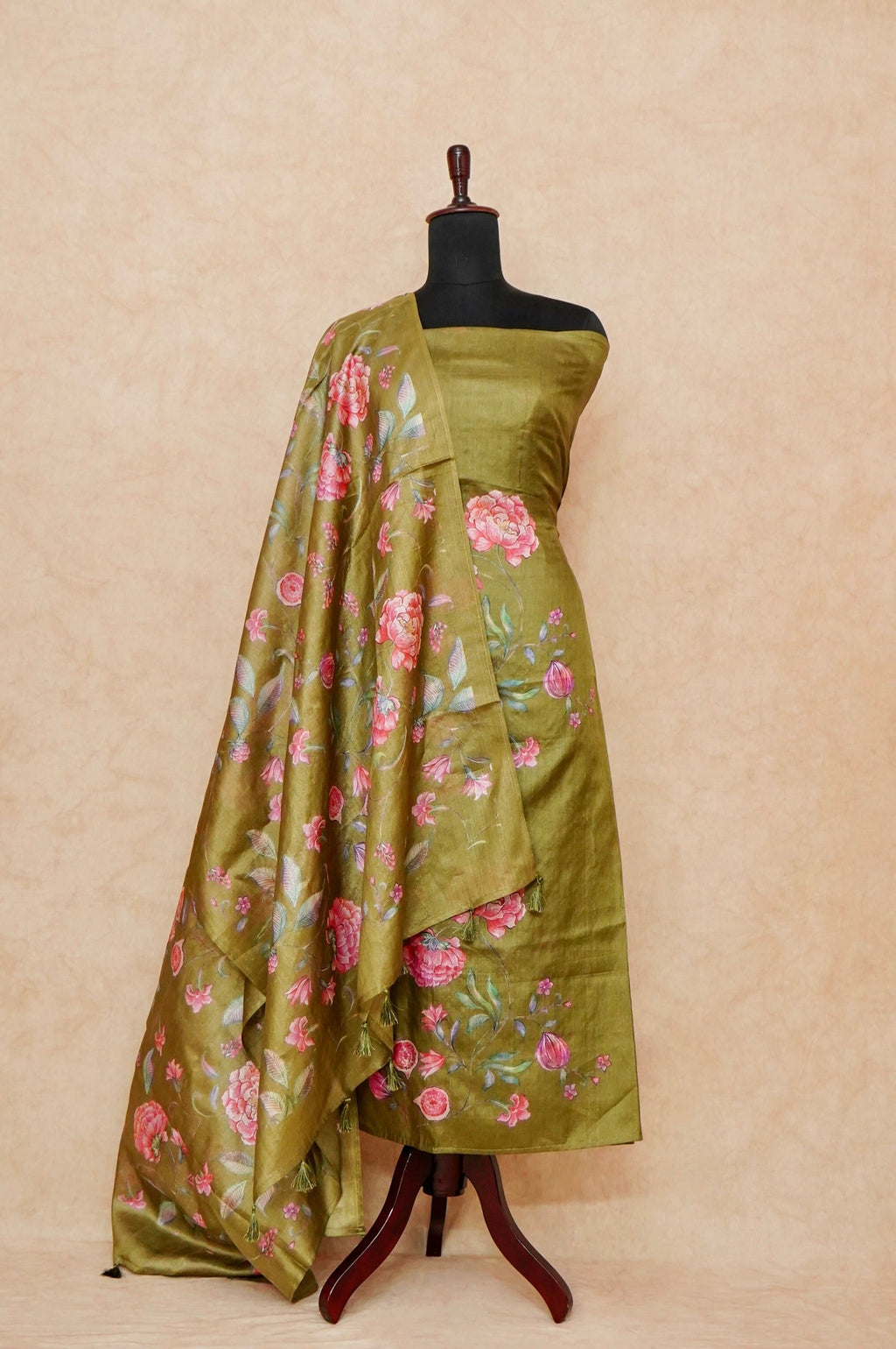 Handwoven Mehendi Banarasi Tussar Silk Suit