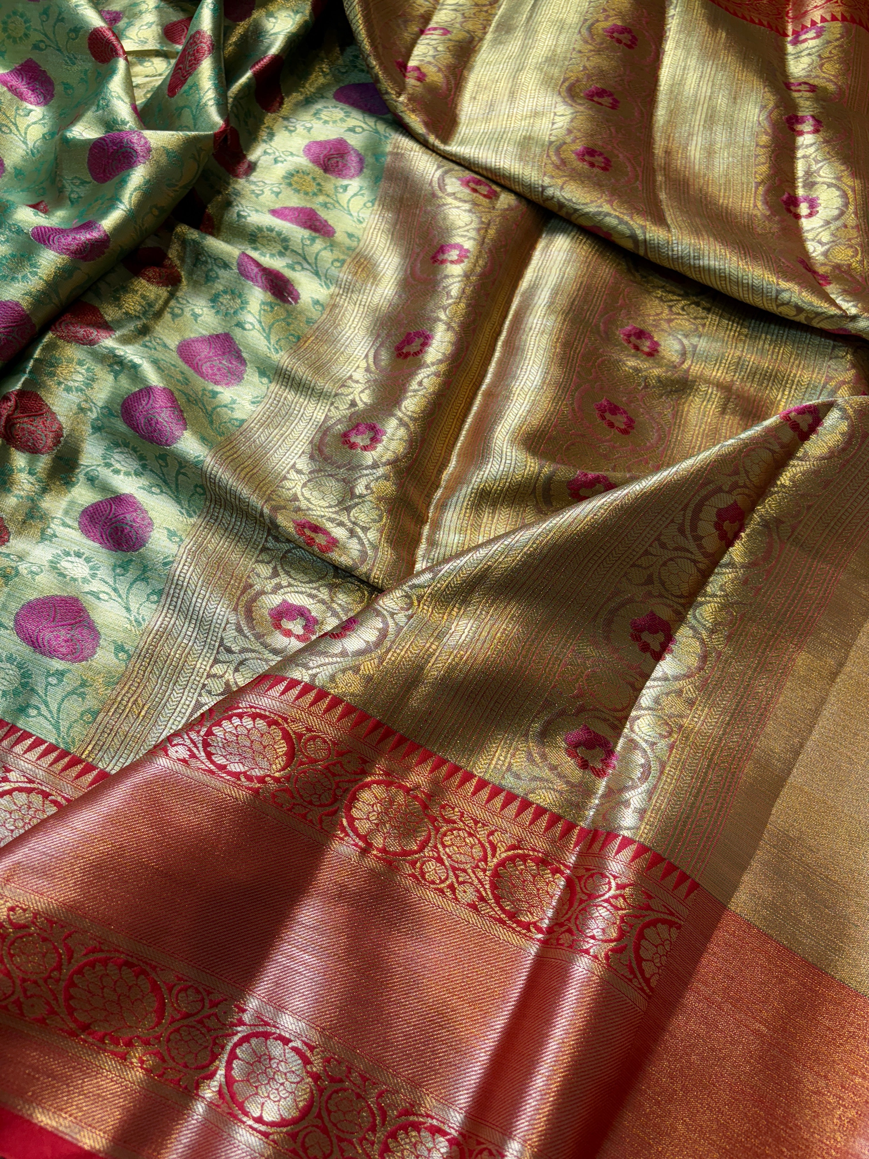 Green Banarasi Katan Tissue Meena Silk Saree