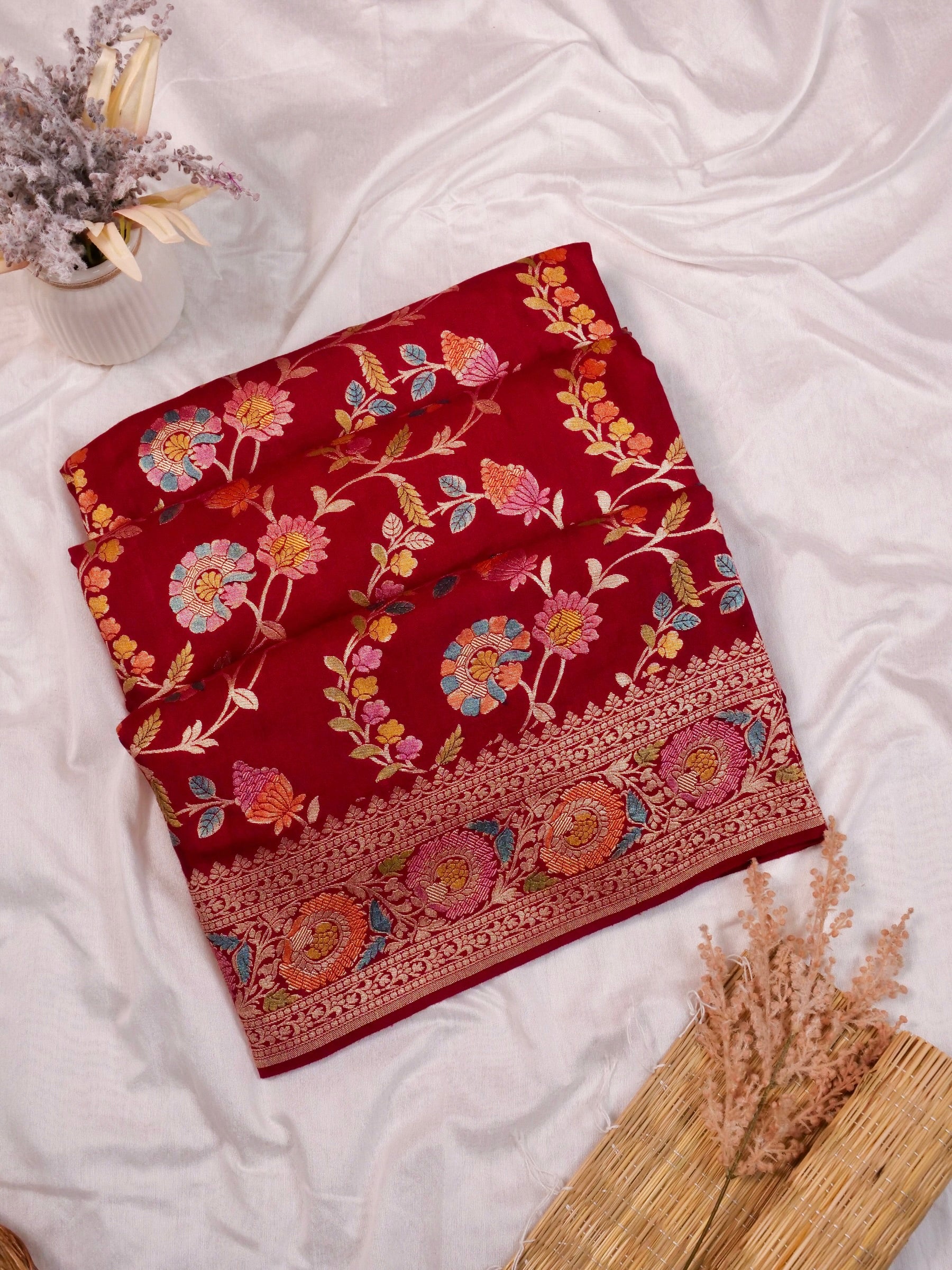 Handwoven Red Blue Banarasi Monga Silk Saree