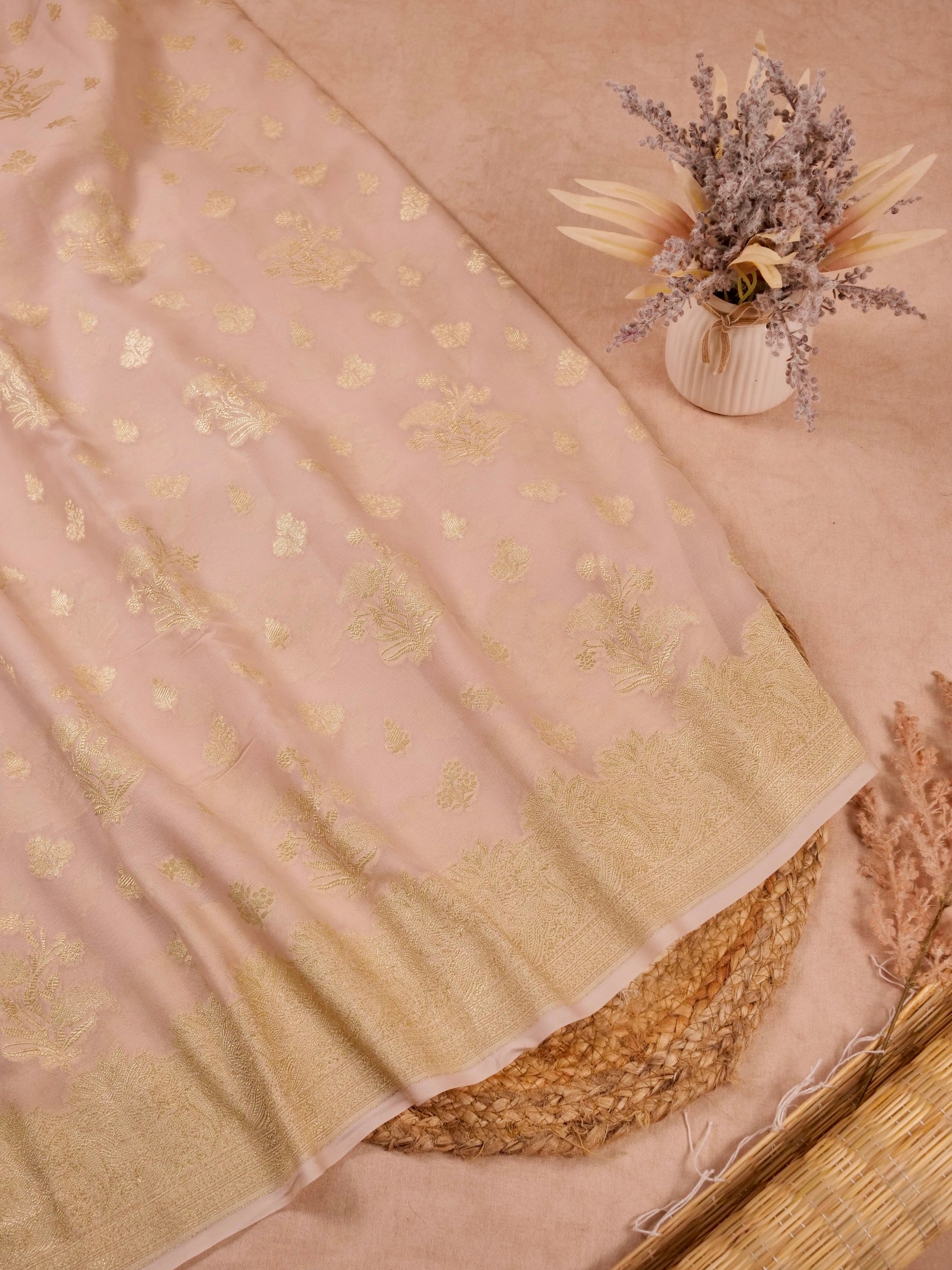 Handwoven Beige Banarasi Khaddi Silk Saree