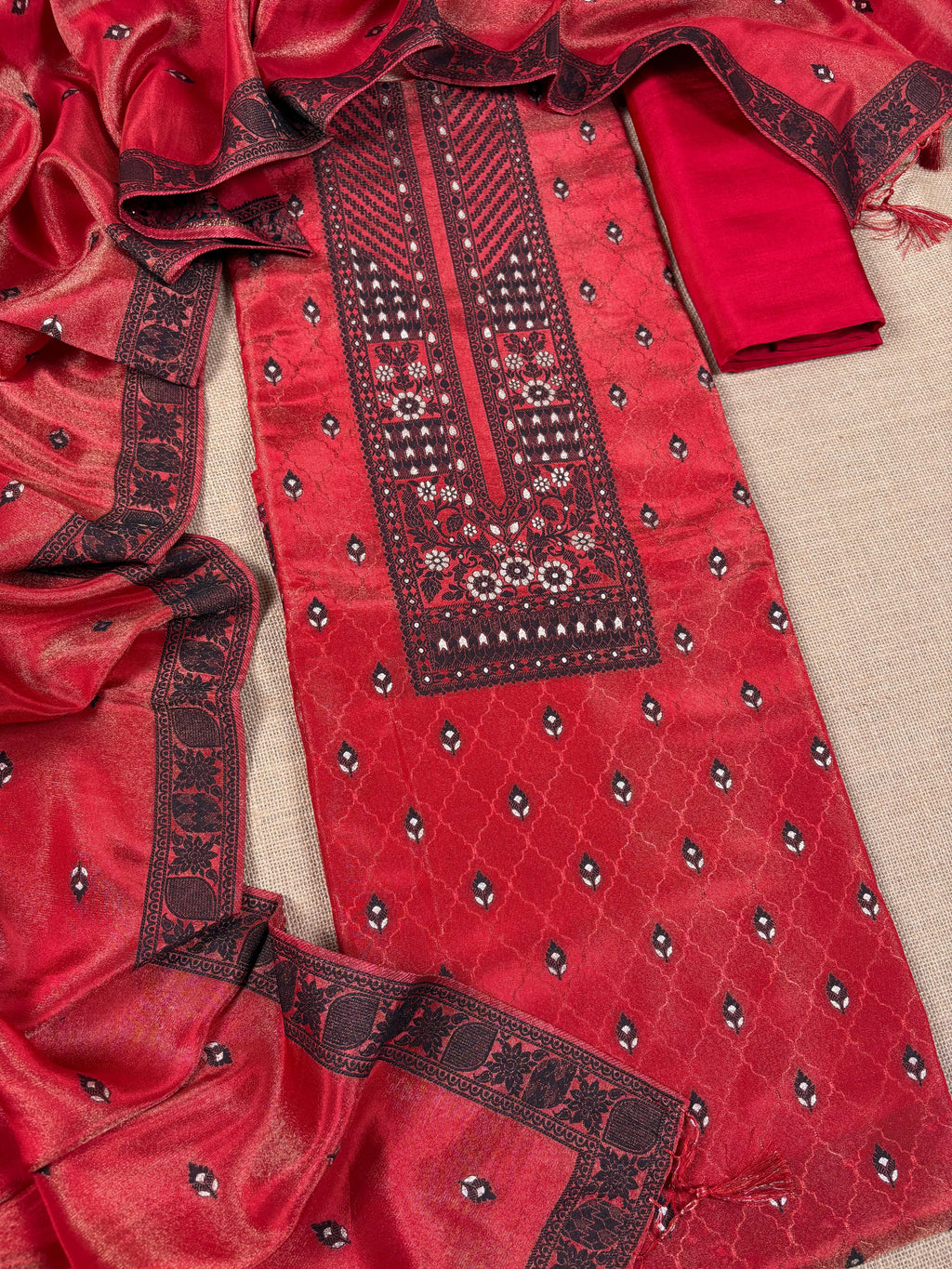 Red Banarasi Georgette Tissue Silk Suit