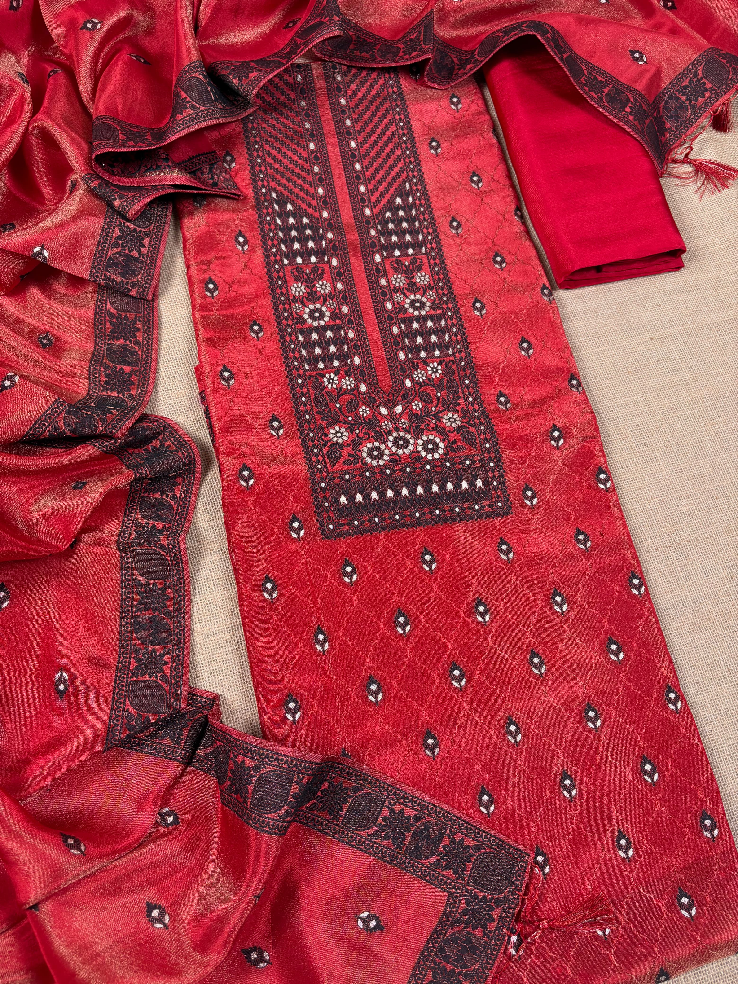 Red Banarasi Georgette Tissue Silk Suit