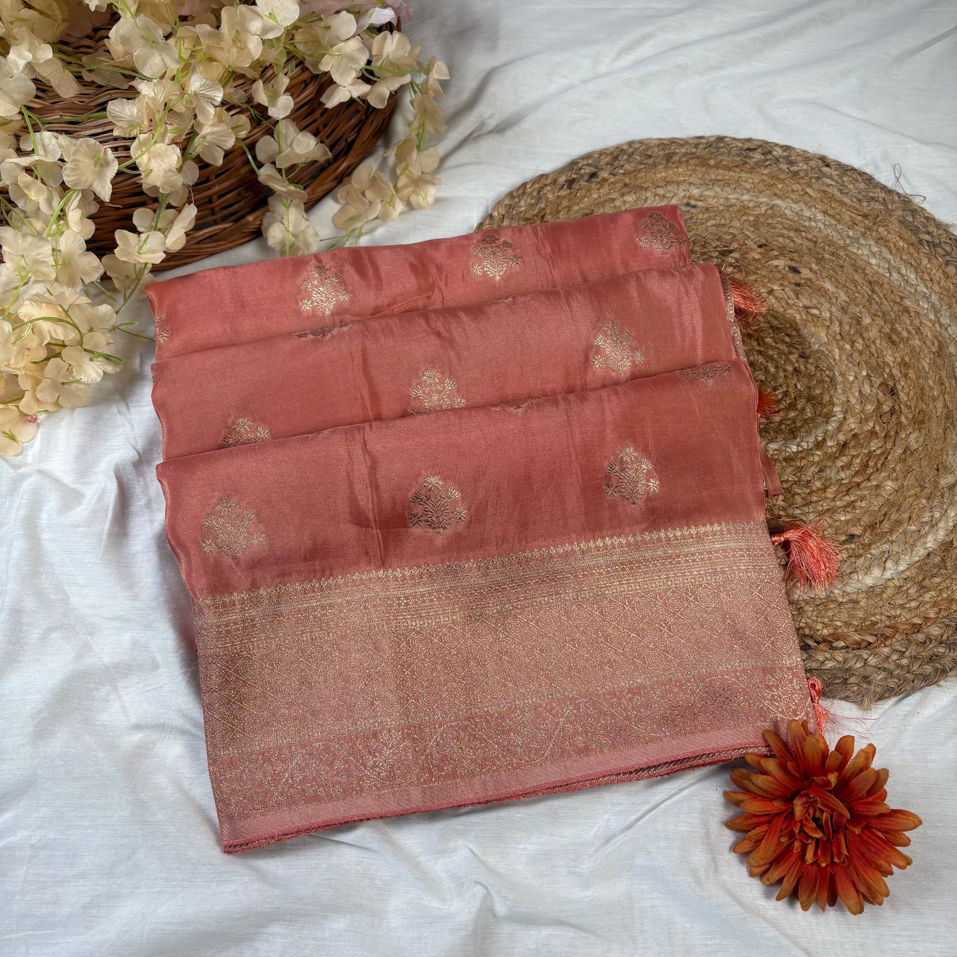 Light Peach Banarasi Katan Tissue Silk Saree