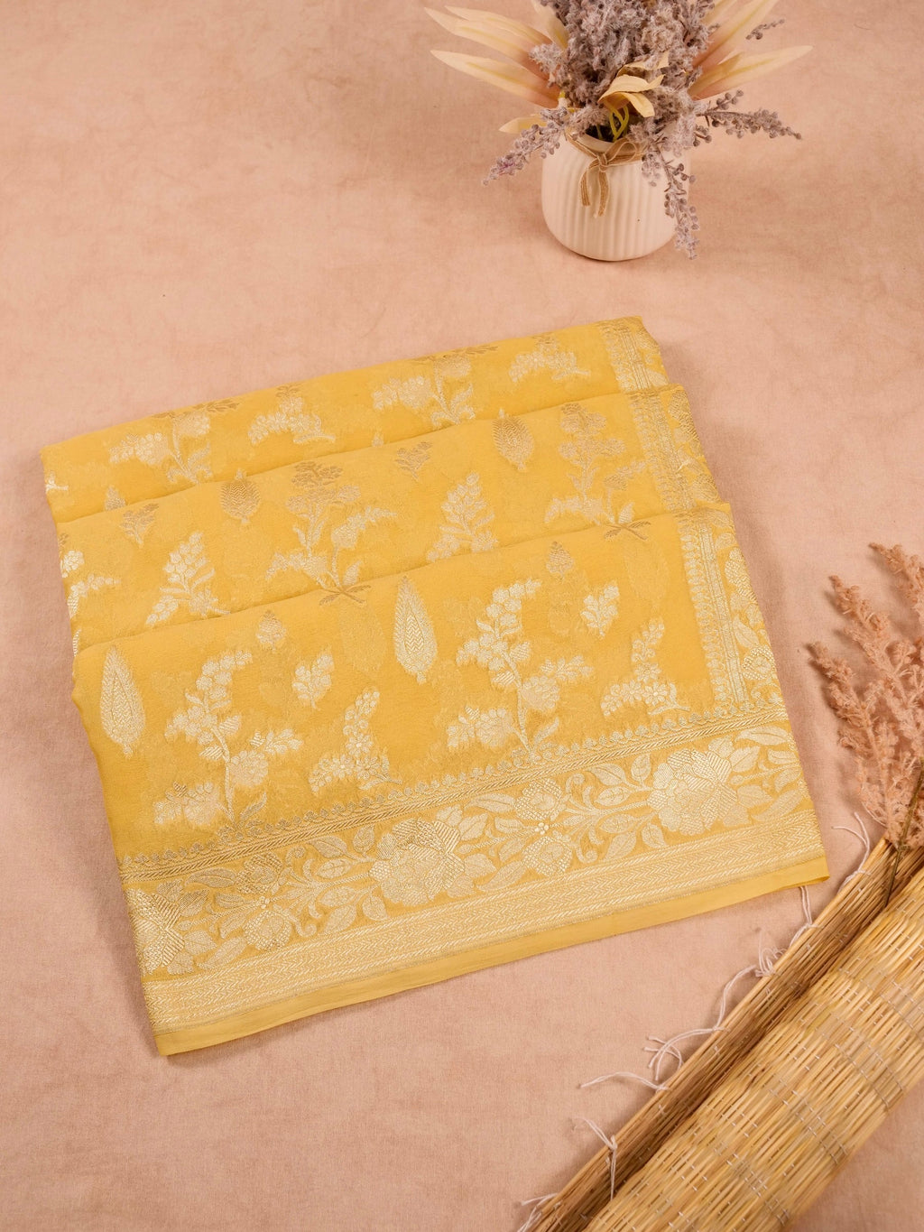 Handwoven Yellow Banarasi Khaddi Silk Saree