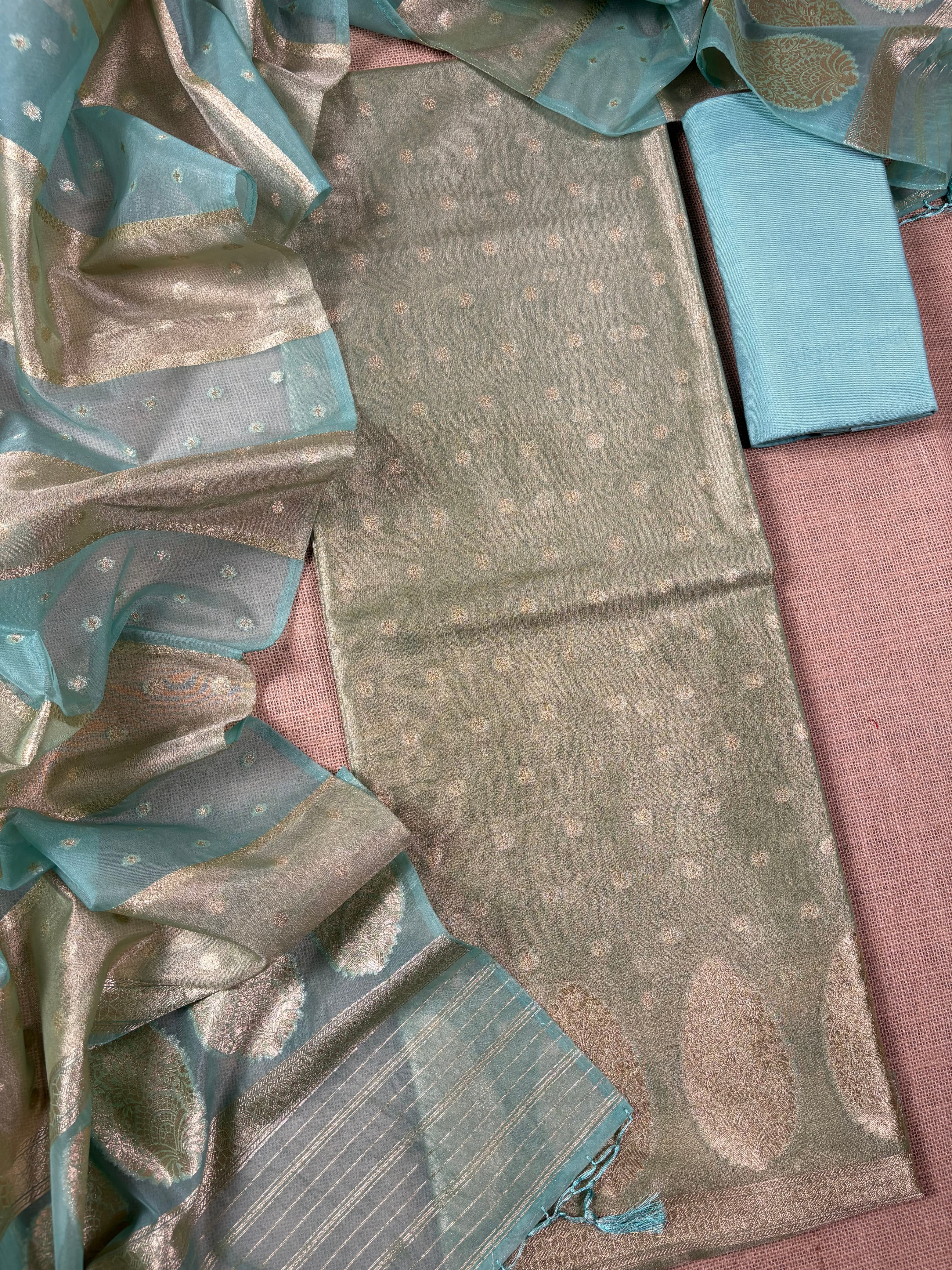 Pista Green Banarasi Soft Tissue Silk Suit