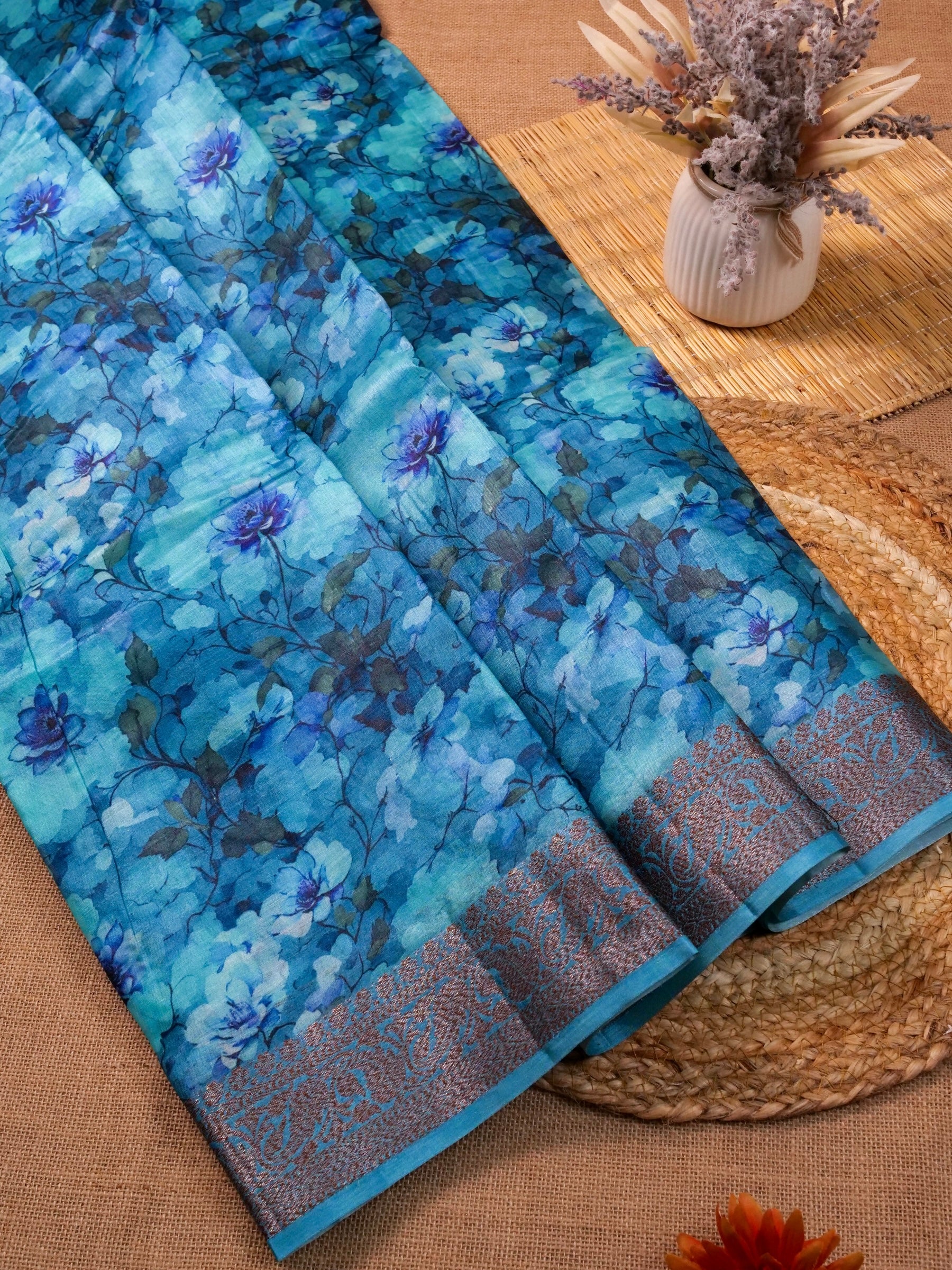 Handwoven Blue Banarasi Tussar Silk Saree
