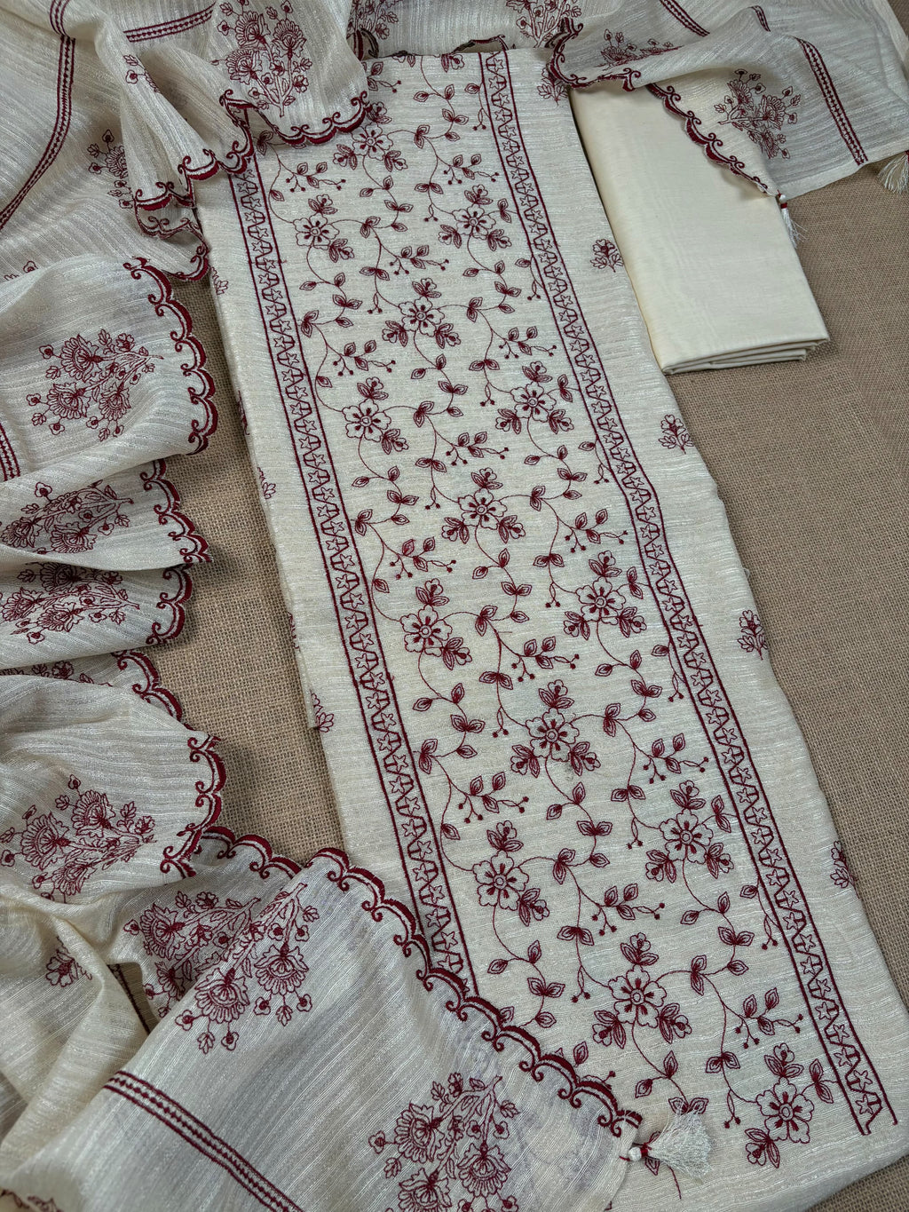 Off White Banarasi Tussar Ghicha Silk Suit