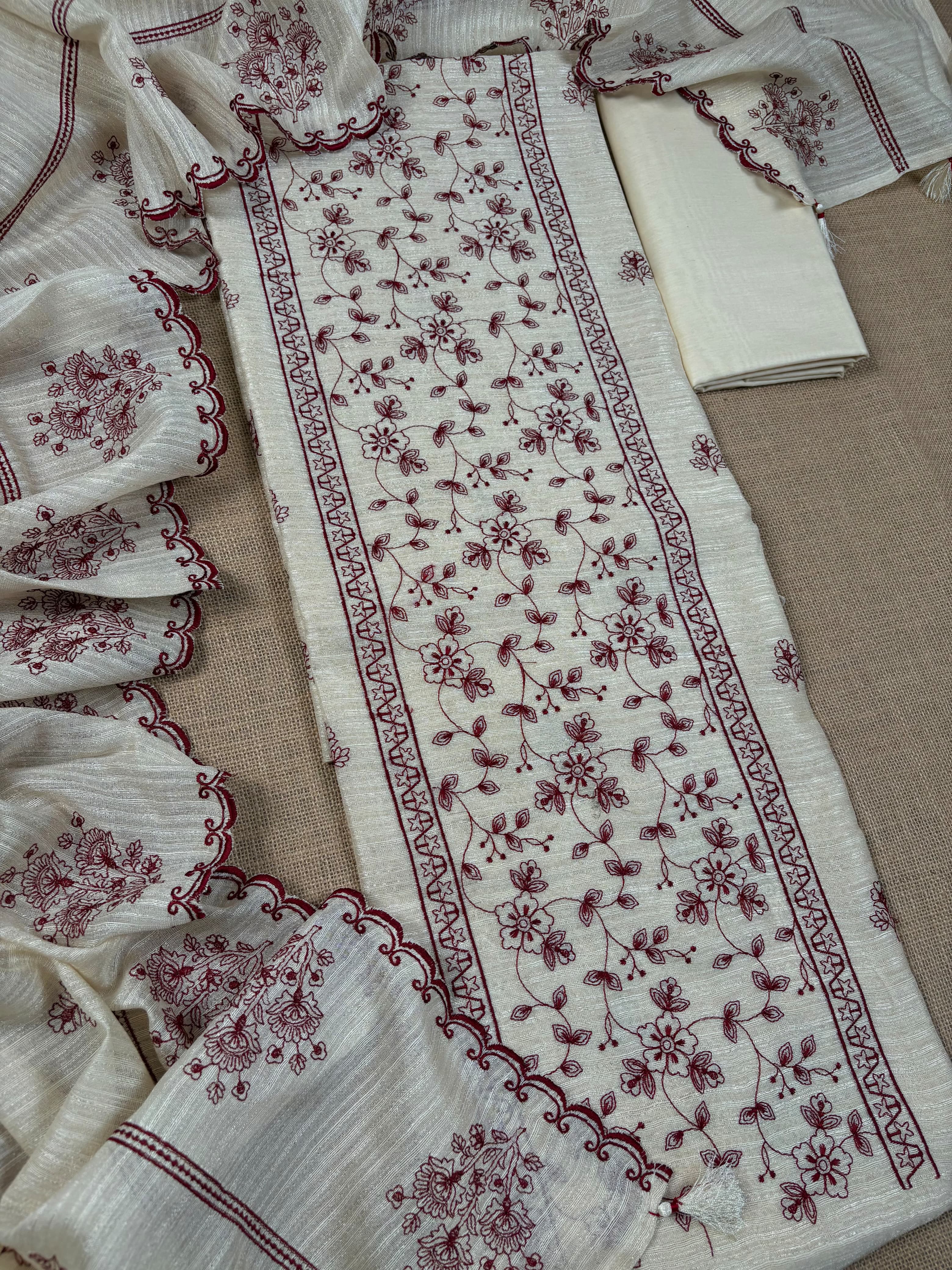 Off White Banarasi Tussar Ghicha Silk Suit