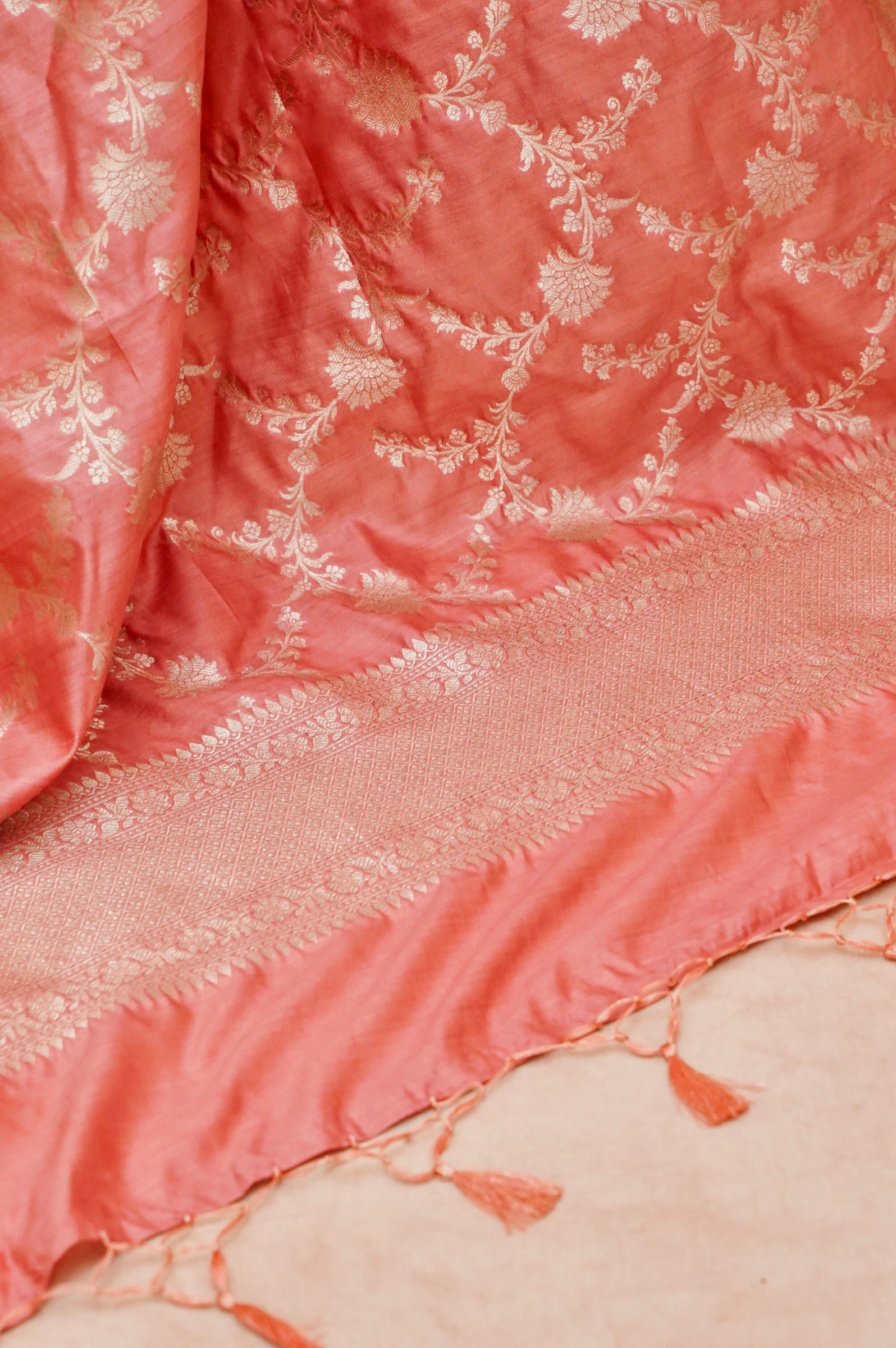 Handwoven Carrot Pink Banarasi Chiniya Silk Suit