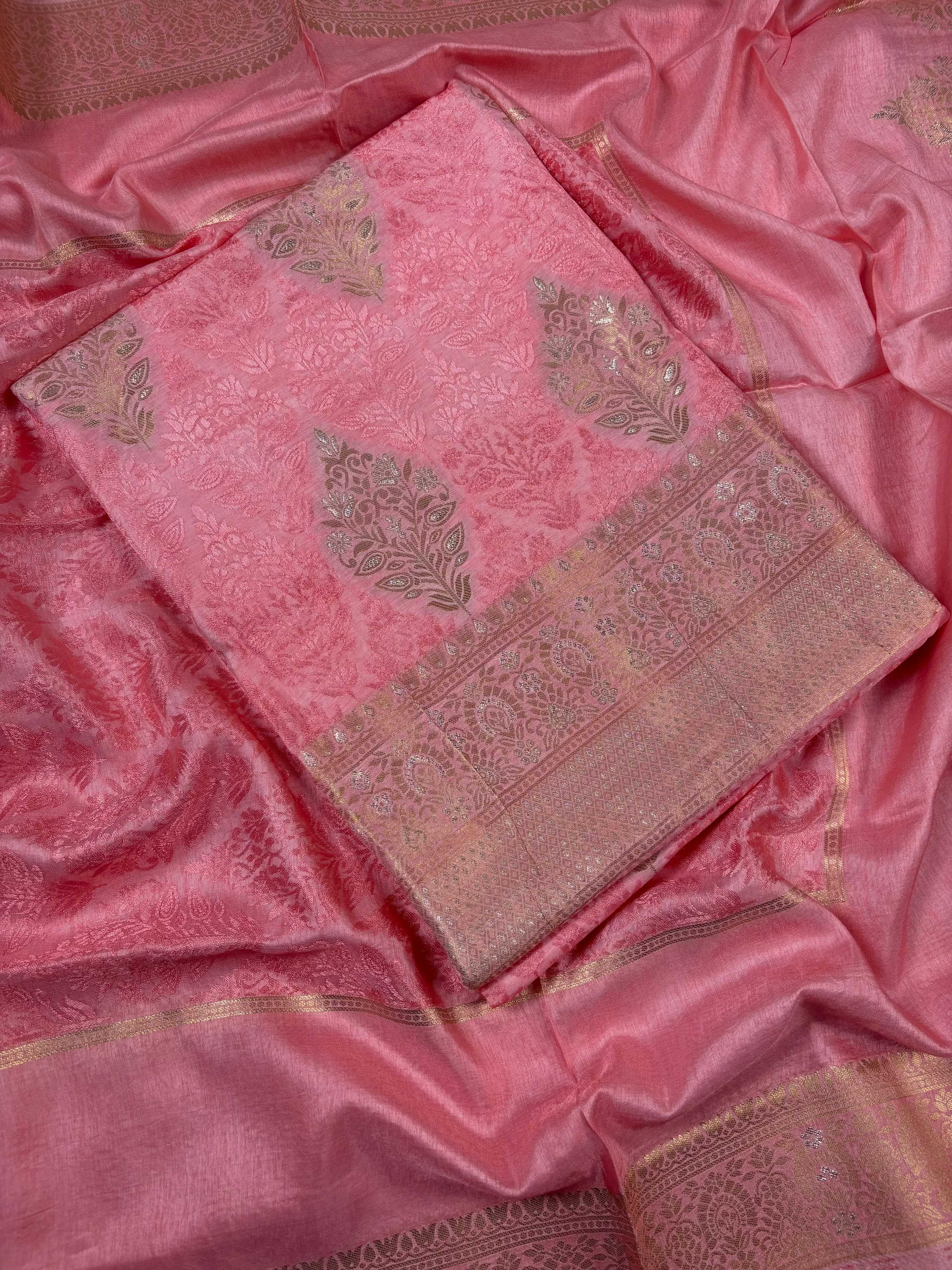 Pink Banarasi Semi Katan Jamdani Silk Suit