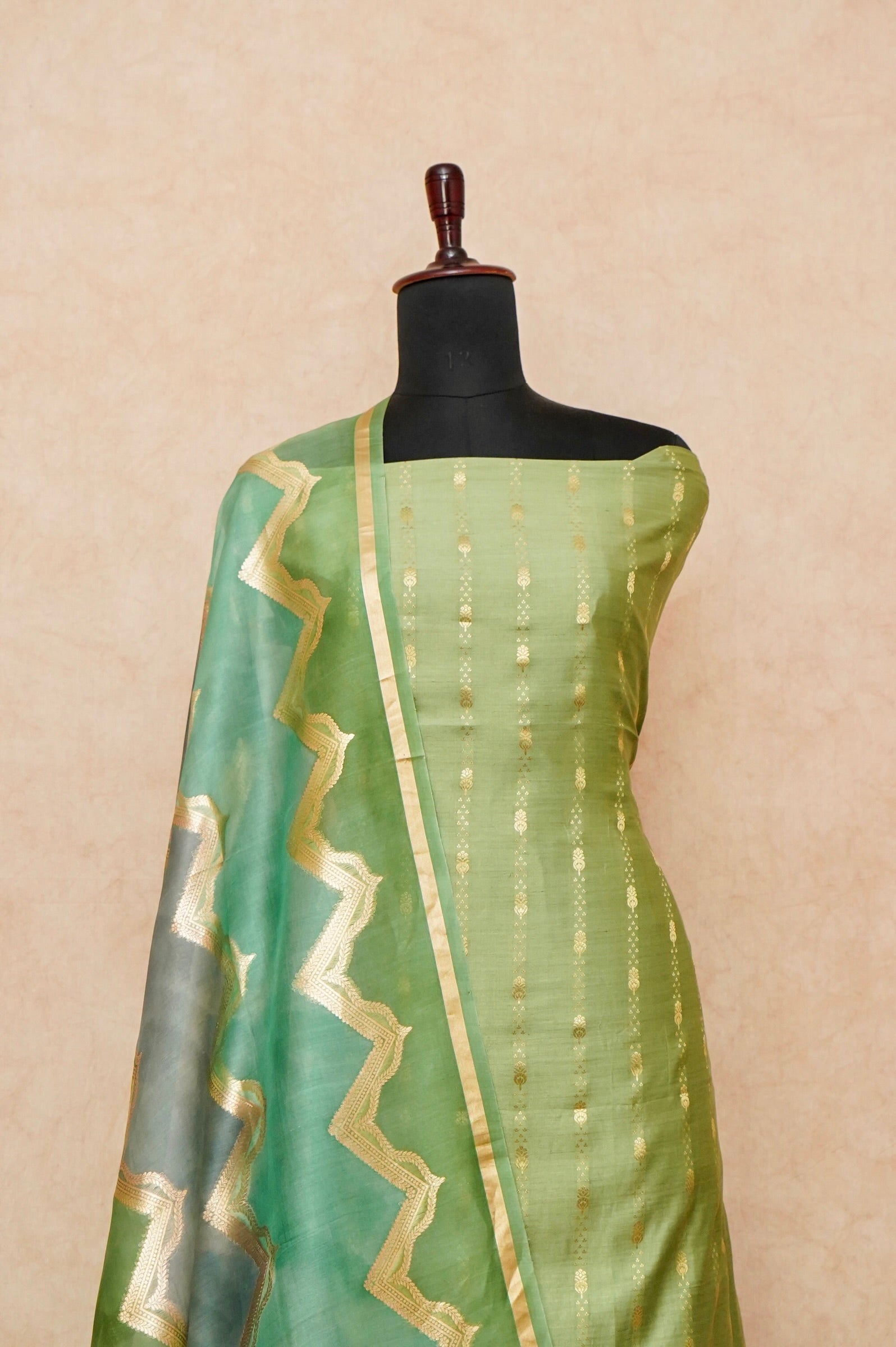 Handwoven Pista Green Banarasi Monga Silk Suit