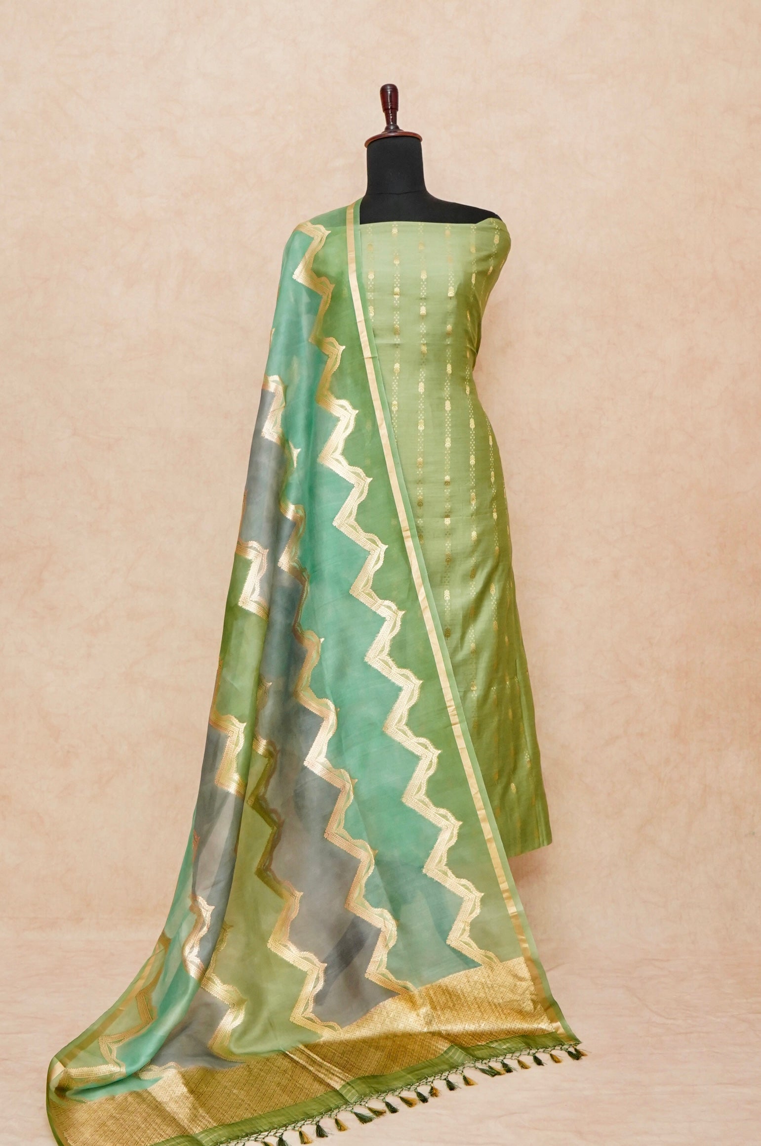 Handwoven Pista Green Banarasi Monga Silk Suit